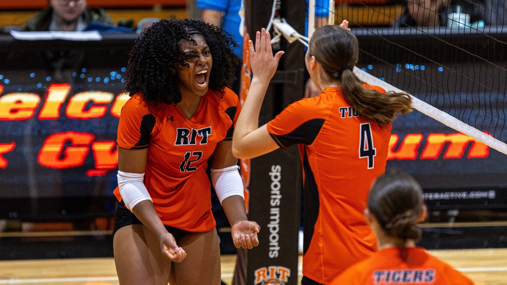RIT's Layla Parker, #12, celebrates a point on Saturday, Sept. 26, 2026, at George H. Clark Gymnasium, RIT defeated Fredonia 3-2. RIT Athletics / Maximus Andrade.