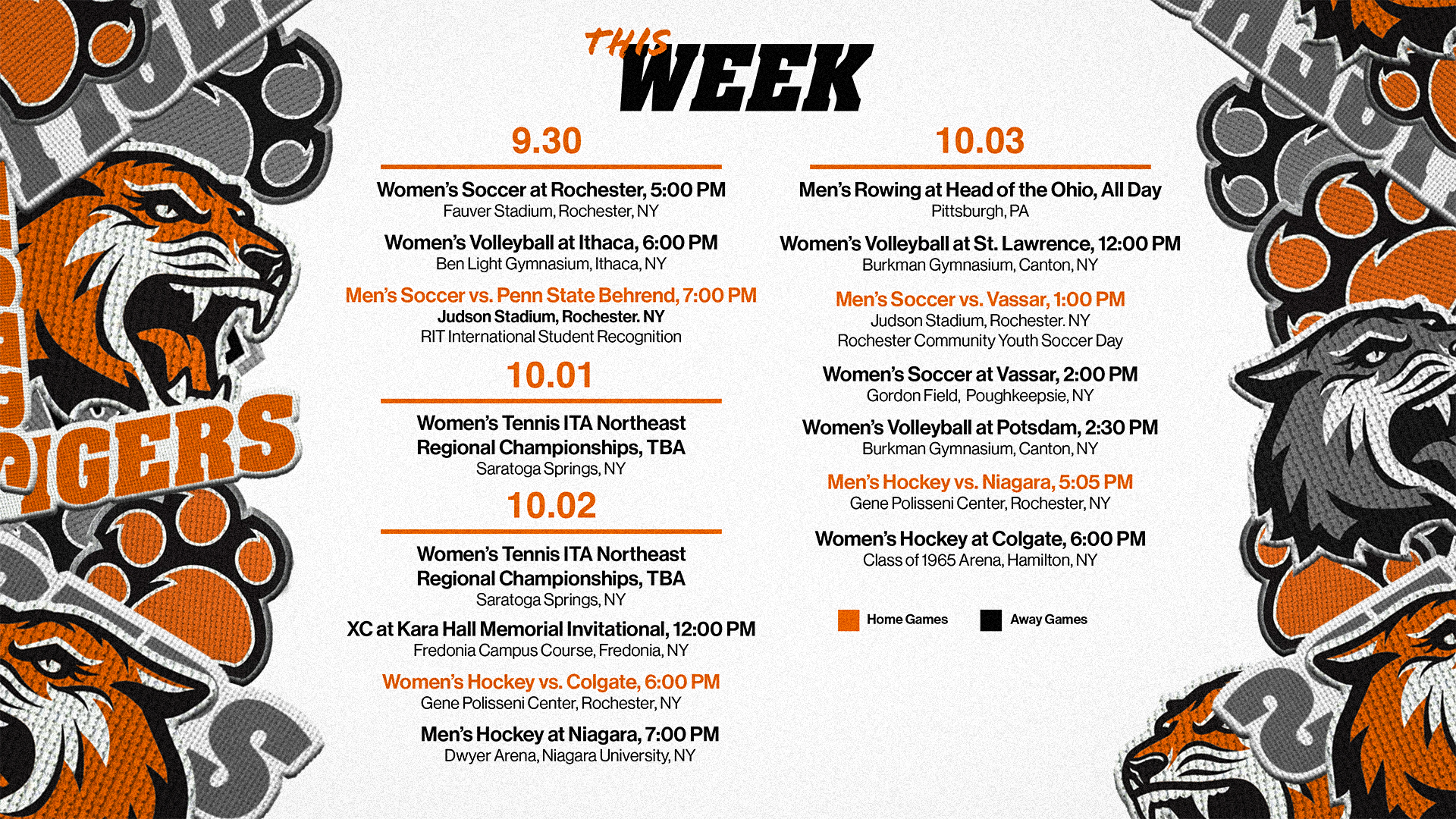 RIT athletics schedule for the week of September 28 through October 4, 2026