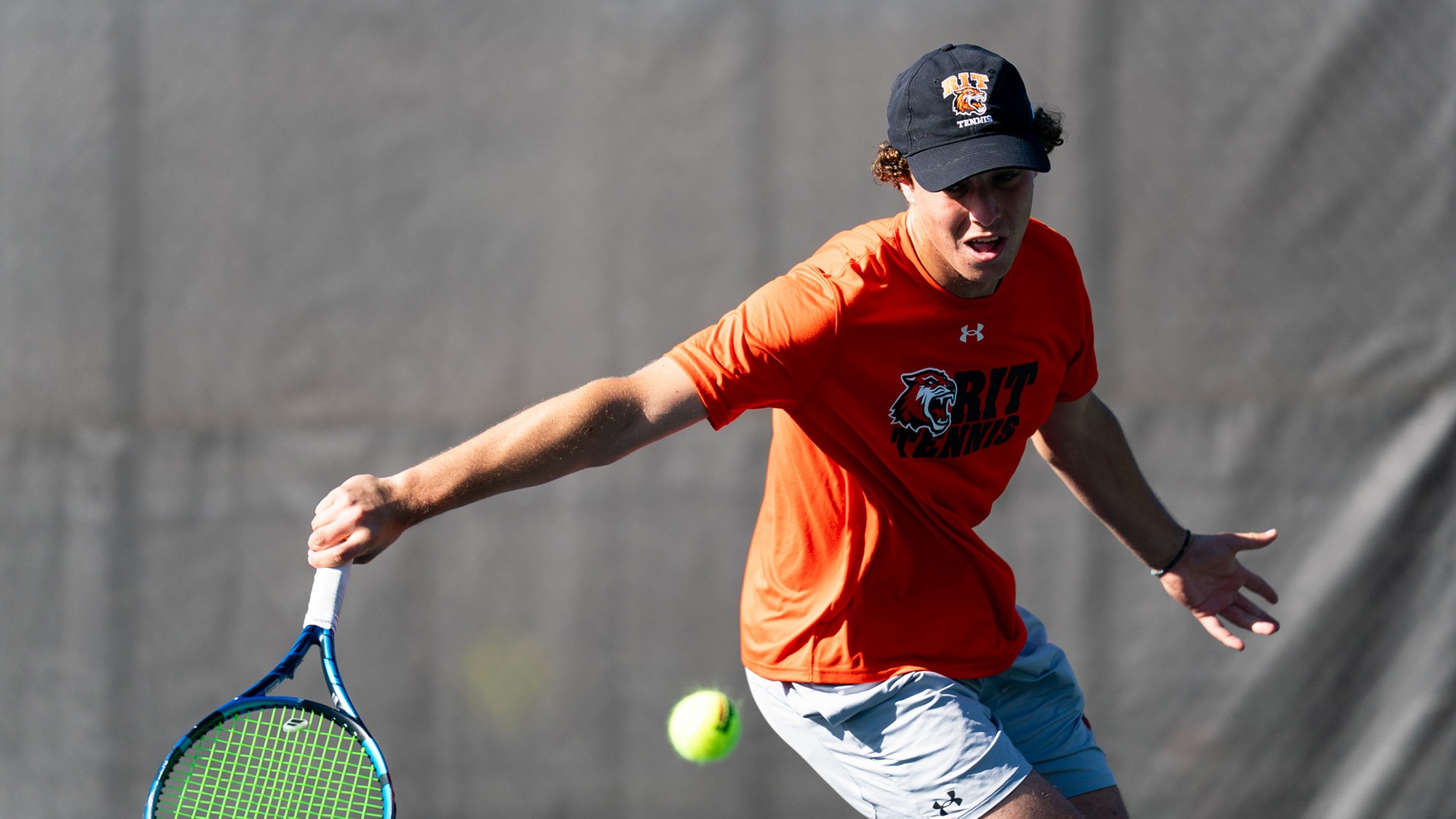 RIT’s Andrew Sinclair hits the ball on October 12th, 2025, at the RIT Tennis Courts in Henrietta, New York. RIT Men’s Tennis match vs St. John Fisher. (Colin Norland/RIT Sports Network).