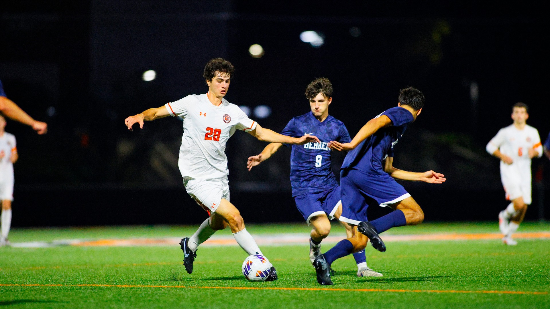 RIT's Daniel Sucato, #28, dribbles the ball on Sep. 30, 2026, at Thomas Fearey Judson Jr. Stadium in Rochester, N.Y. Penn State Behrend Men’s Soccer defeats RIT Men’s Soccer 3-0. RIT Men's Soccer vs Penn State Behrend. (Sawyer Emery/RIT Sports Network).