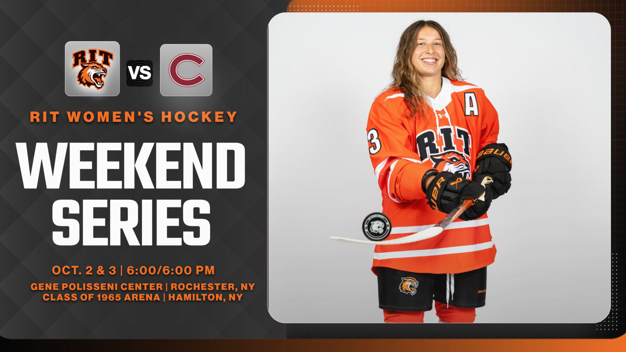 A graphic promoting the women's hockey games vs. Colgate with a posed shot of Addie Alvarez
