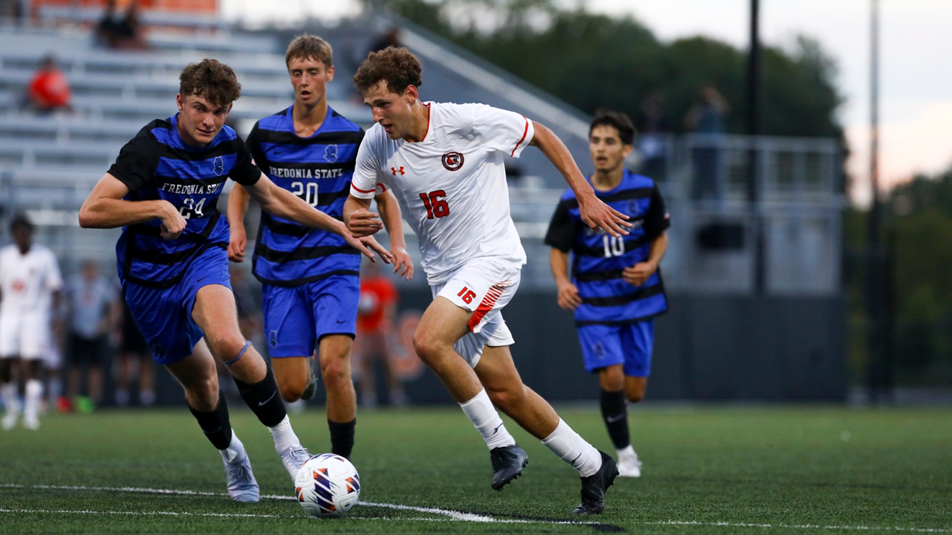 RIT’s Robin Giesing drives the ball to the net against Fredonia on Friday, Sept. 4, 2026, at Judson Stadium. RIT draws 1-1 against Fredonia. RIT Athletics / Chance Parker.