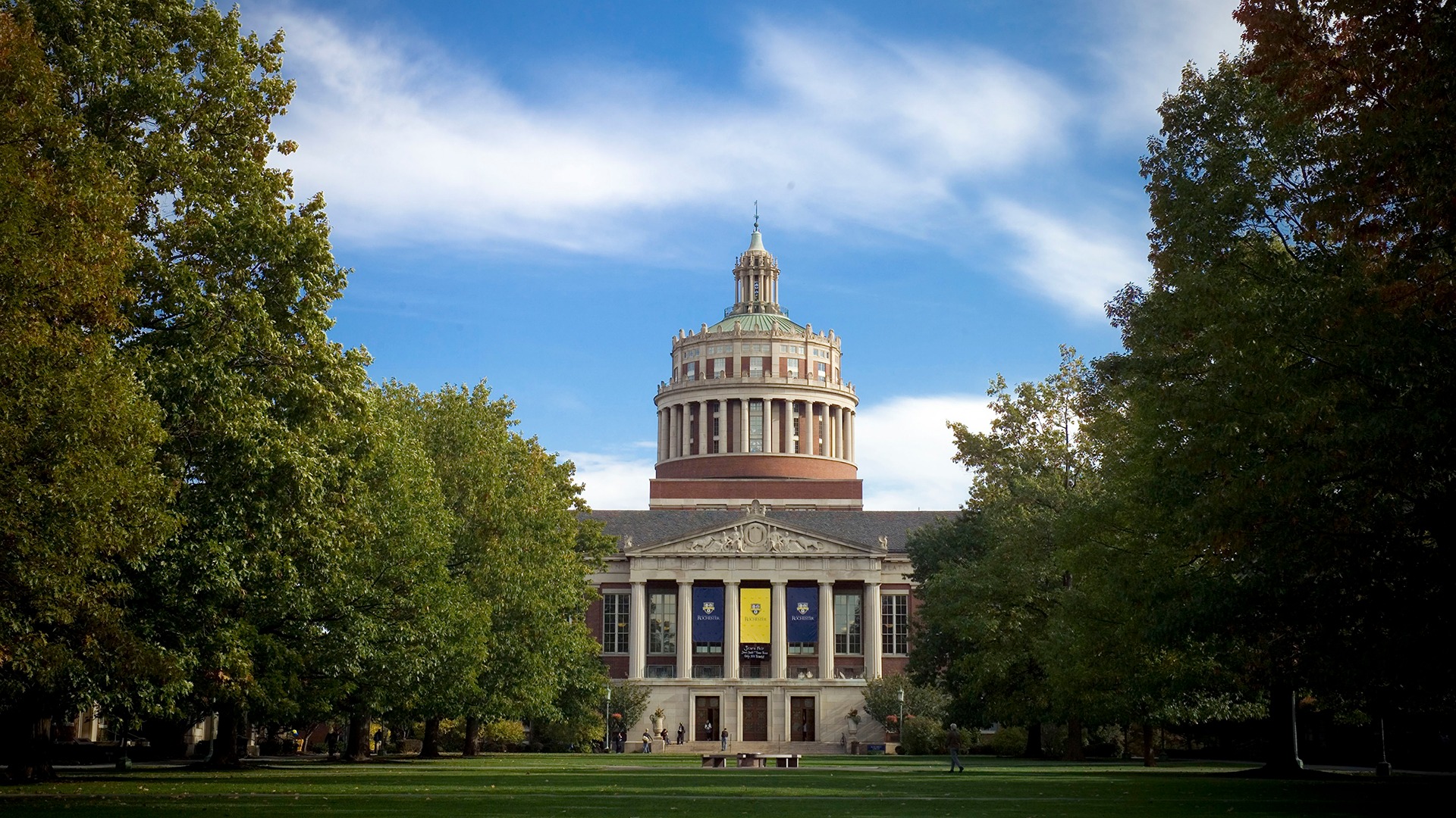 Rush Rhees Library tower is 186 feet high. The Hopeman Carillon in the tower is the largest musical instrument in the city and one of the largest in the country. It contains fifty bells which were imported from Holland. Its total weight is 6,668 pounds. The total cost in 1973 was about $27,000. Take a few seconds and hear the carillon from the Rush Rhees tower.The Library contains close to 42 miles of shelving. Floor area is over 350,000 sq.ft. Total seating capacity is about 2070, providing a seat for almost every third student on River Campus. There are hundreds of lockers and carrels available to students, plus 55 private studies available to researchers. Voyager, our online catalog, replaced an older system in January 1997. One large computer, many microcomputers, and computer terminals help in many aspects of library work, including circulation, cataloging, interlibrary loan, and reference, and there are about 100 microcomputers (PC and Macintosh) for student use.