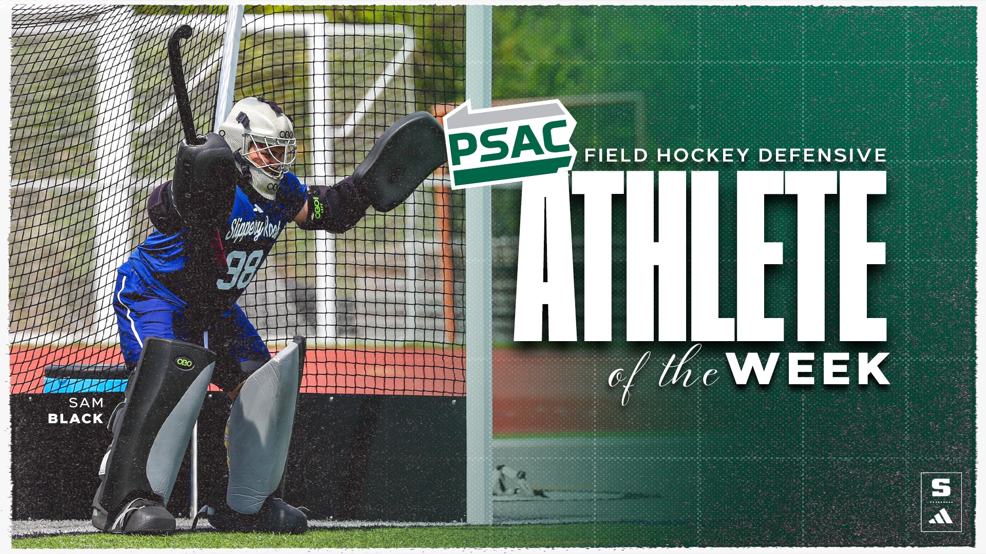 A graphic of PSAC Defensive Athlete of the Week Sam Black