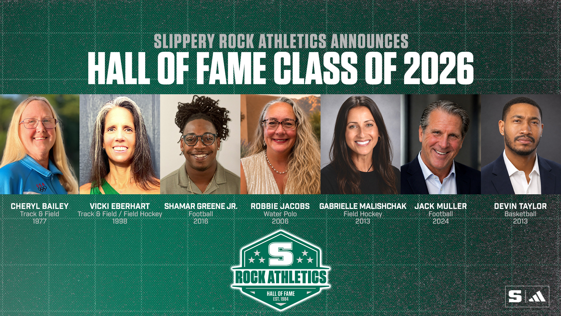 2026 Hall of Fame Announcement Graphic with Cheryl Bailey, Vicki Eberhart, Shamar Greene, Robbie Jacobs, Gabrielle Malishchak, Jack Muller and Devin Taylor