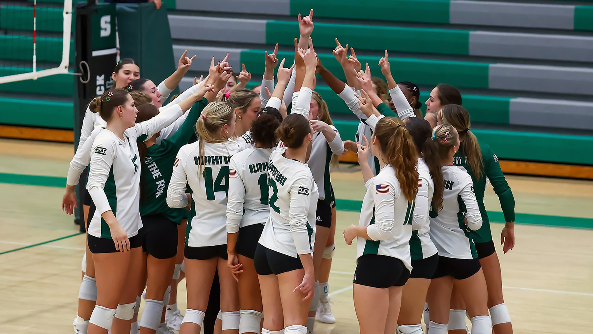 The SRU Volleyball Team Huddle at the 2026 SRU Invite
