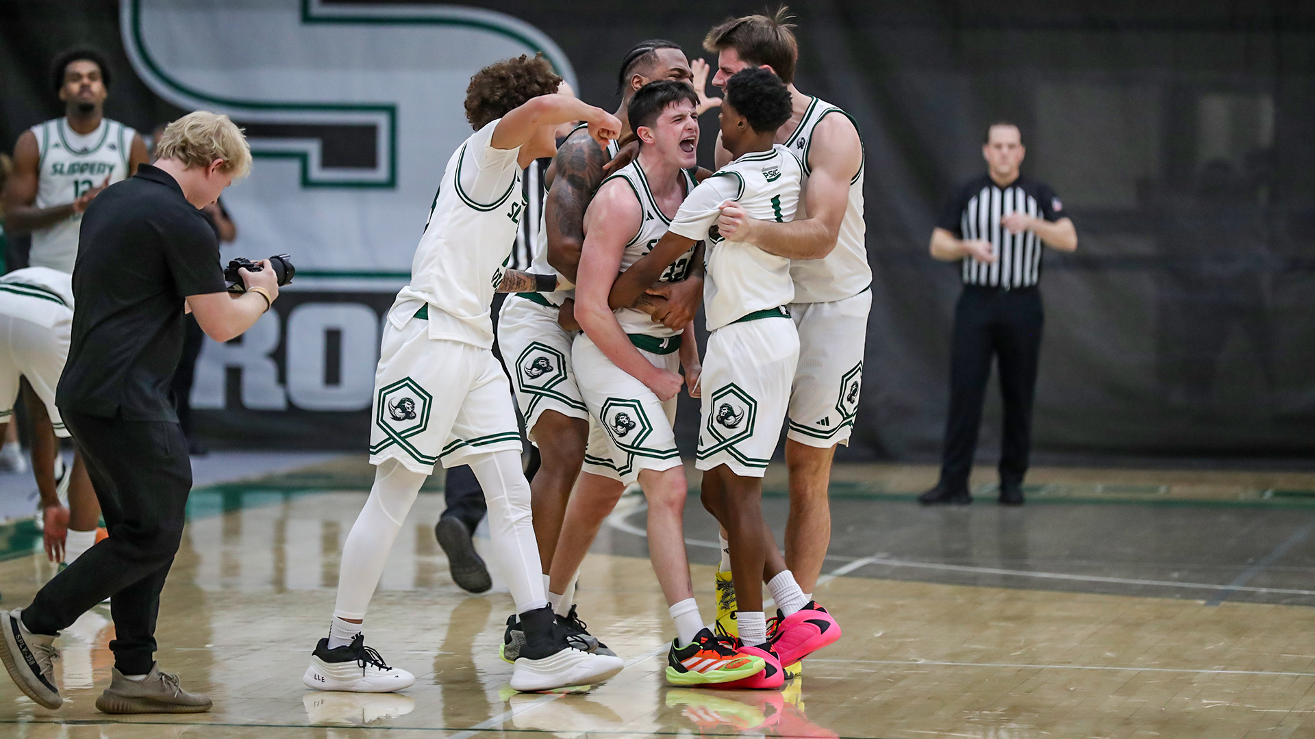 Brady Mayo celebrates with teammates after Clarion win