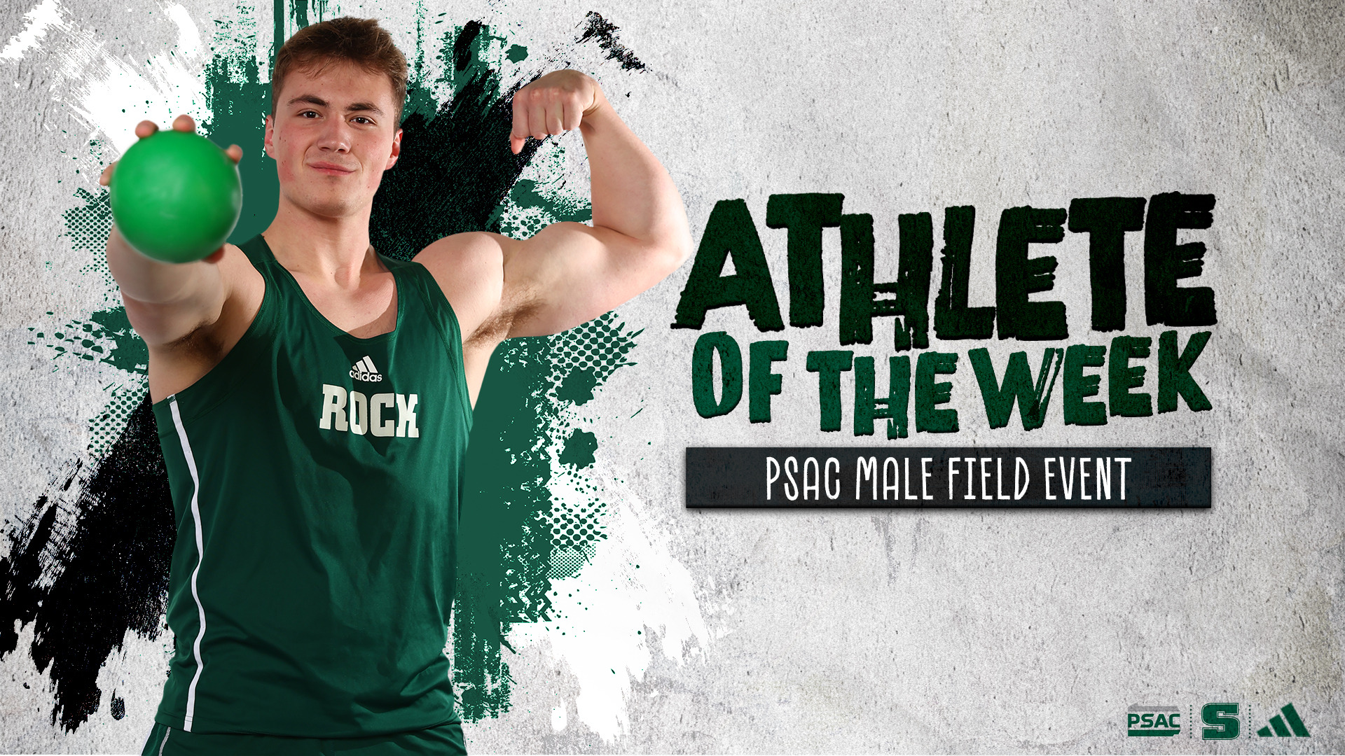 Graphic announcing Seaton Wozniak as the PSAC Male Field Athlete of the Week