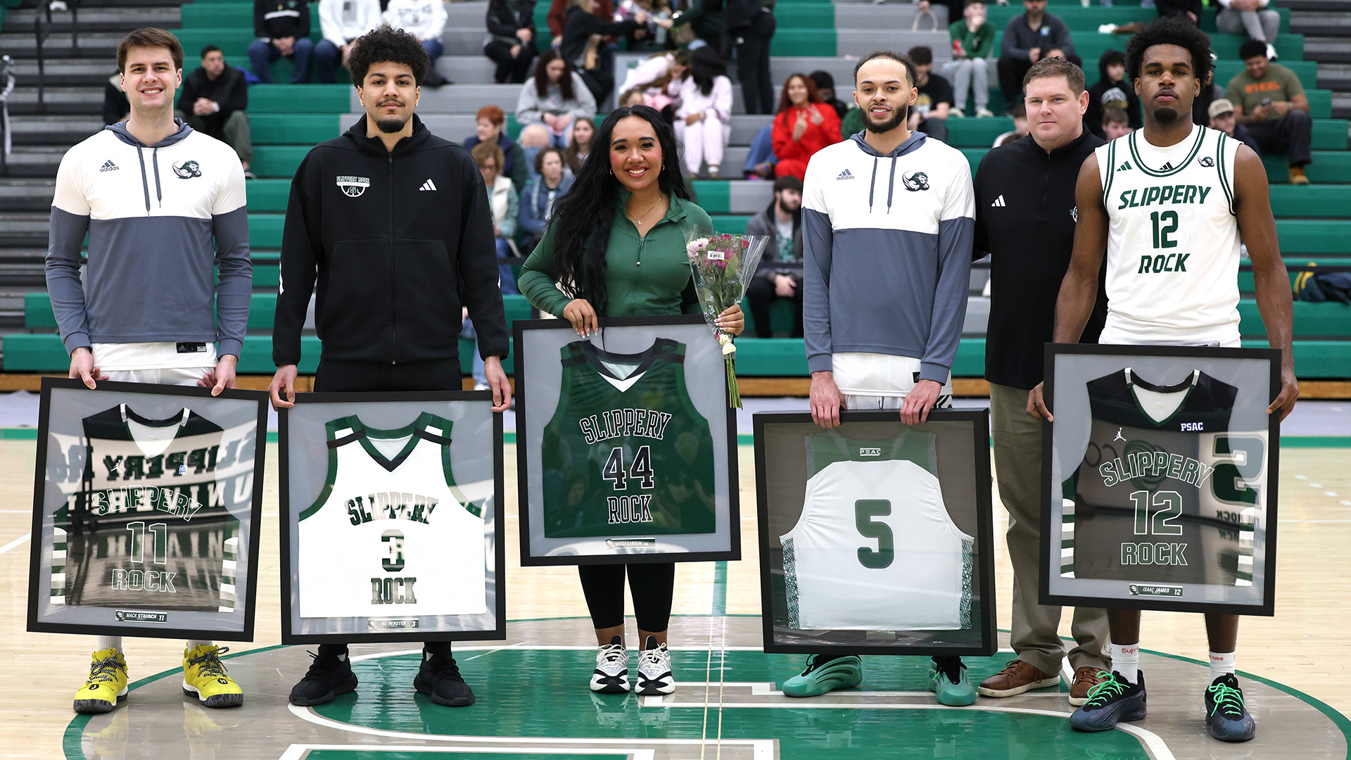 SRU men's basketball seniors are recognized on the court on Senior Day