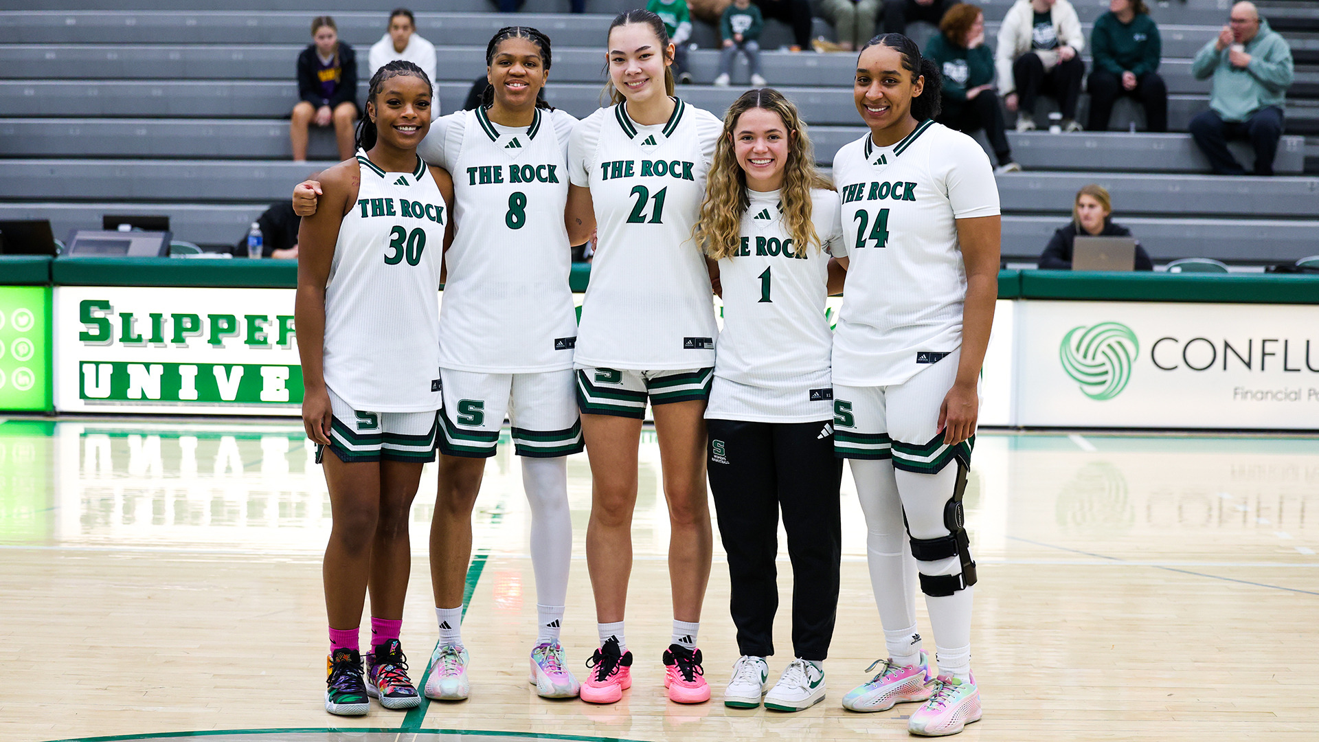 SRU women's basketball seniors are recognized on the court on Senior Day