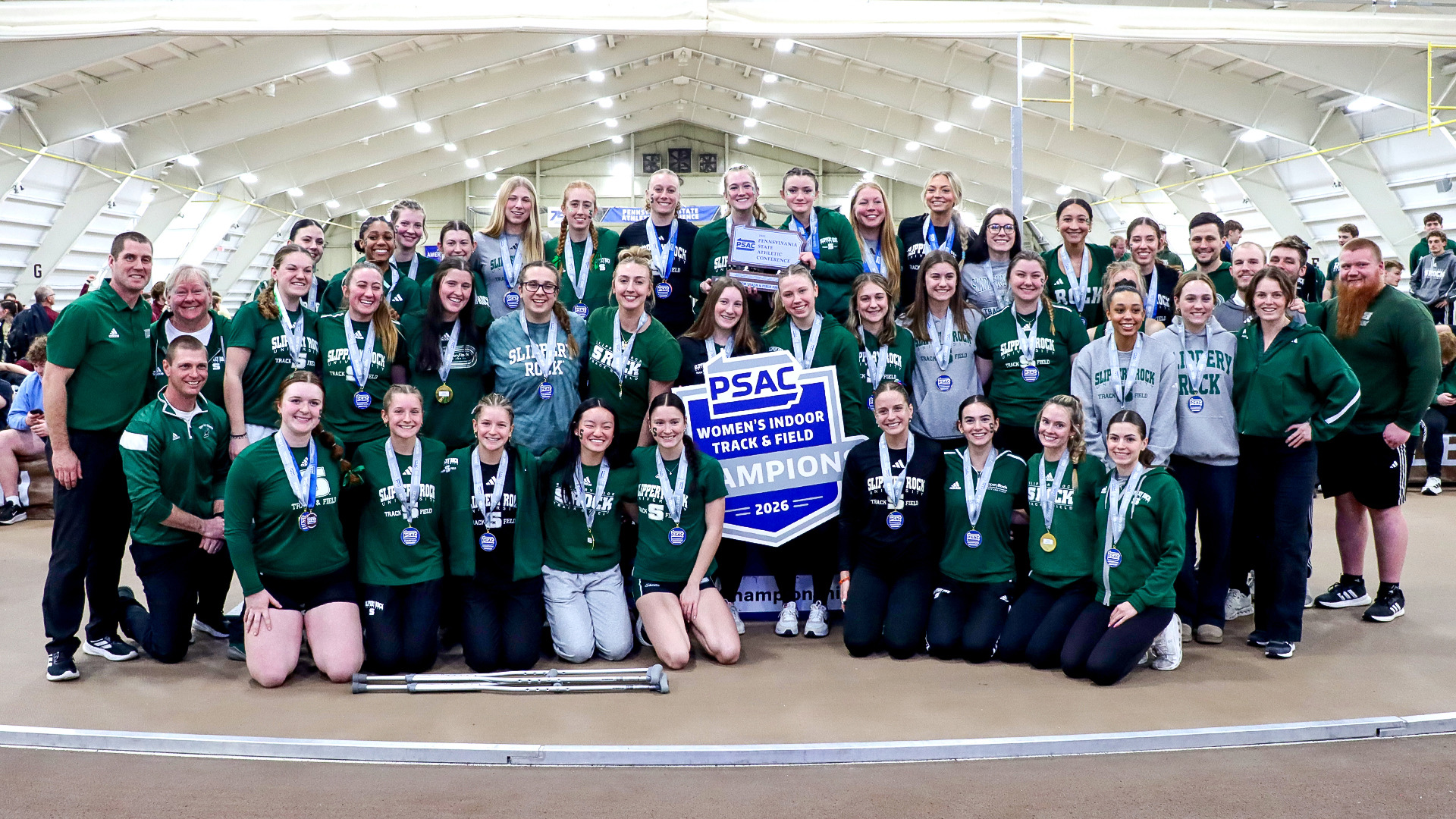 2026 SRU Women's Indoor Track & Field PSAC Champions team photo