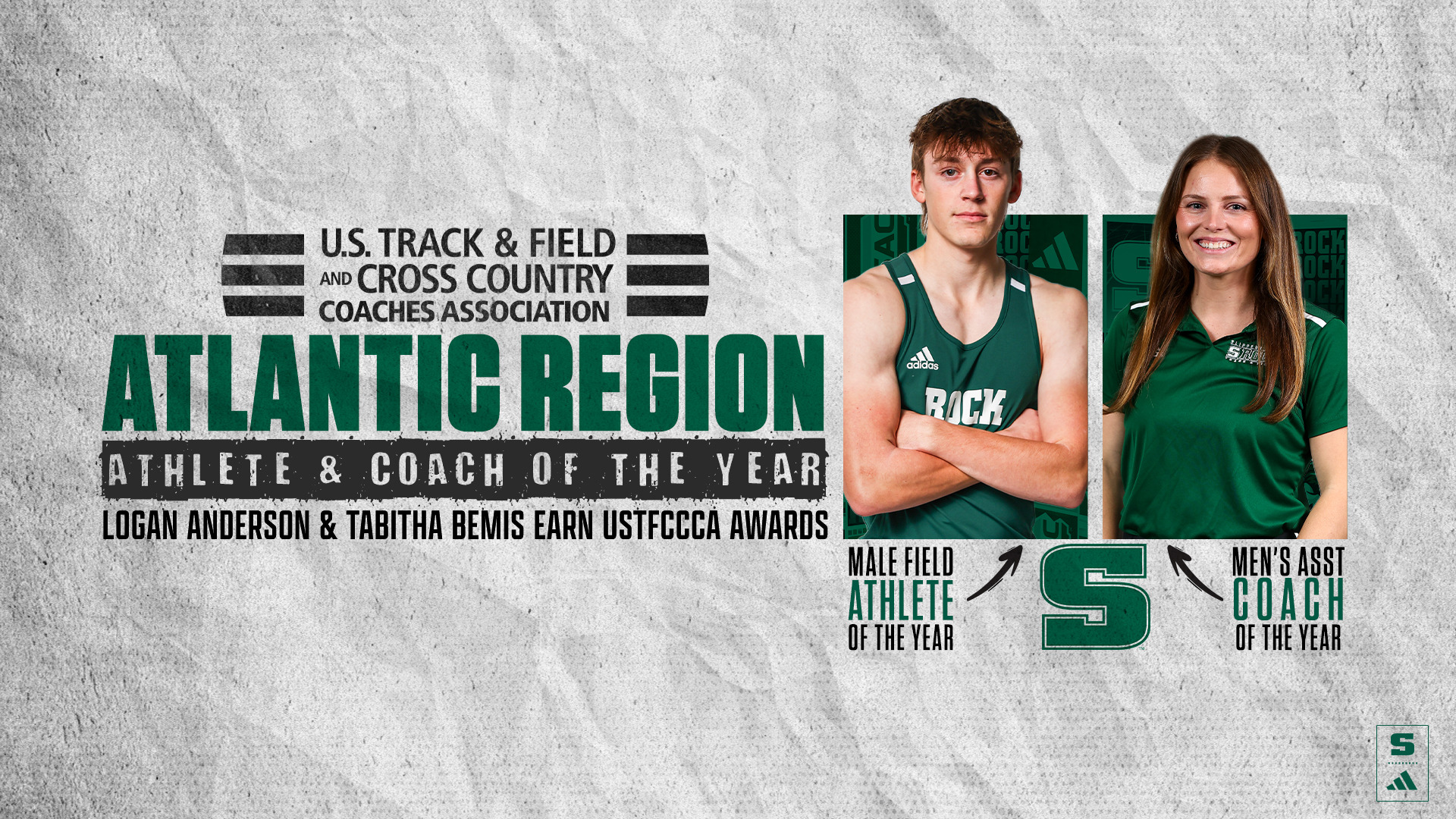 2026 Men's Indoor Regional Award winners Logan Anderson (Male Field Athlete) and Tabitha Bemis (Men's Assistant Coach)