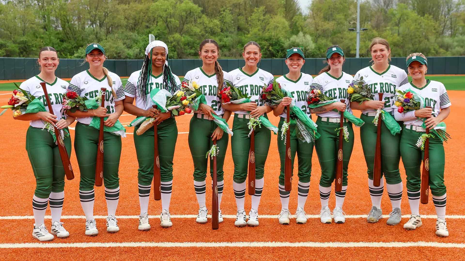 2026 Softball Seniors on Senior Day: Alyssa Sheely, Grace Smith, Olivia Logan, Madison Davis, Jessica Goldhardt, Mackenzie Borkovich, Paige Gresgott, Alexa Uphold, Aubrey Mansfield