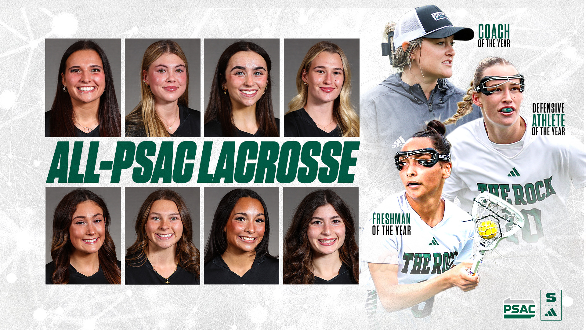 Graphic highlights Slippery Rock's 2026 All-PSAC lacrosse selections, including Coach of the Year Taryn Burkholder, Defensive Athlete of the Year Paige Jenkins and Freshman of the Year Aleigha Dubroc