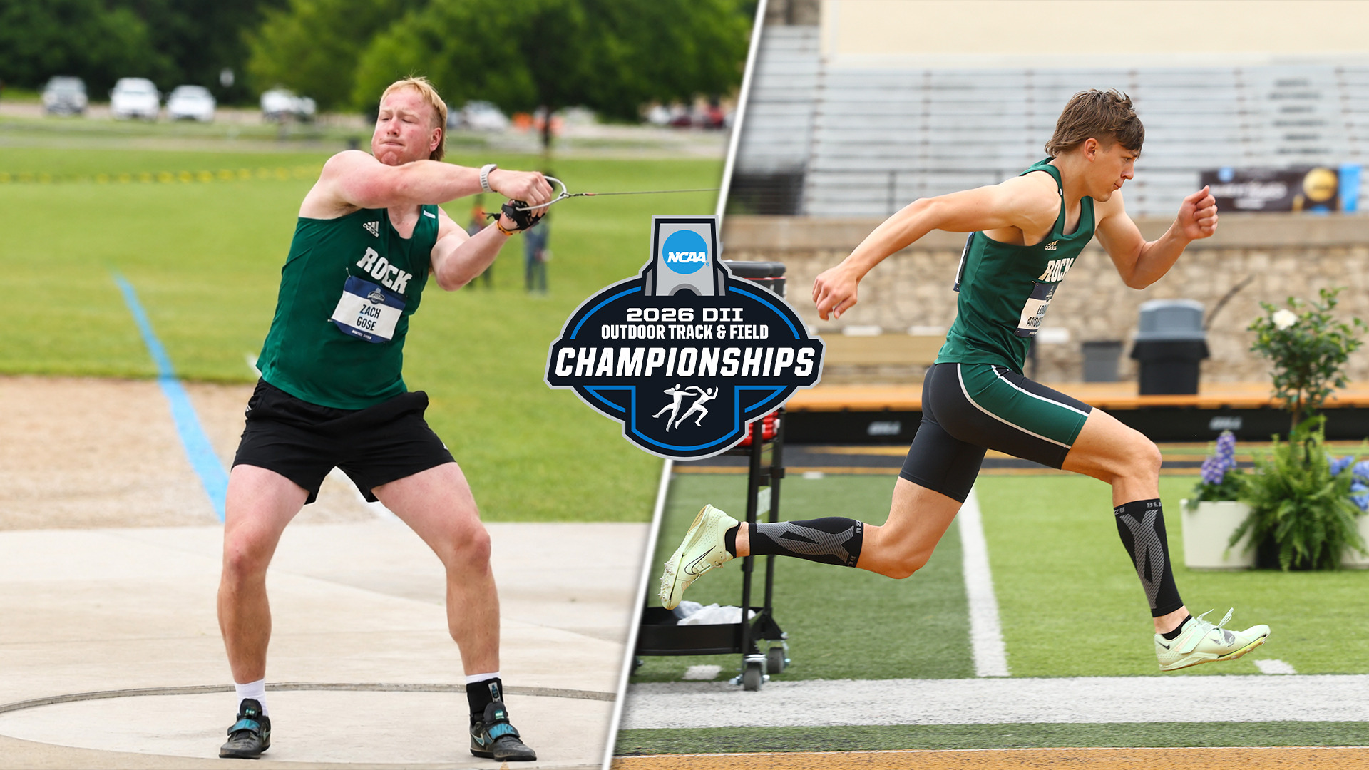 Zach Gose throwing hammer and Logan Anderson long jumping at the National Championships May 21, 2026.