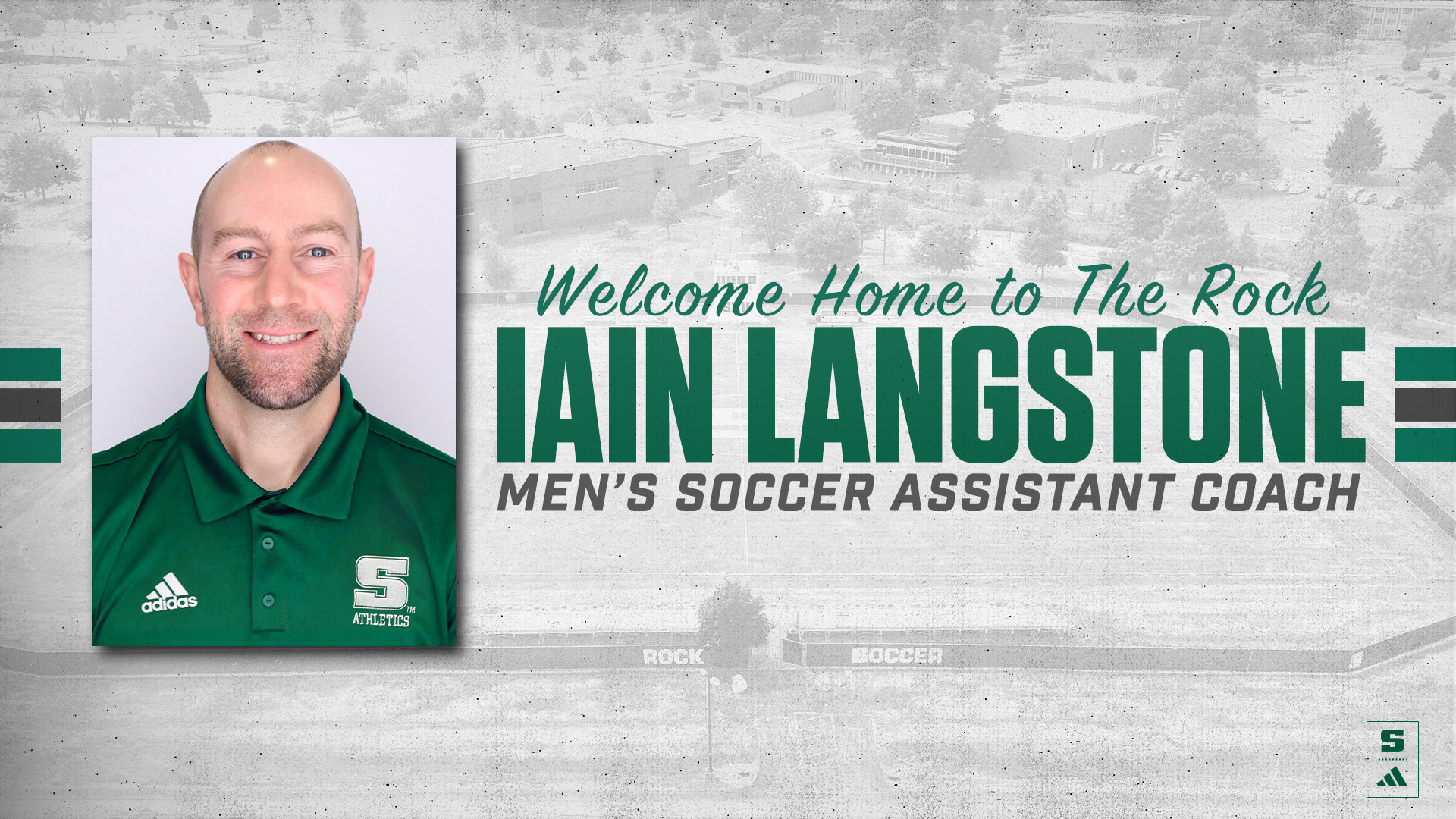 Graphic annoucing the hiring of Iain Langstone as men's soccer assistant coach