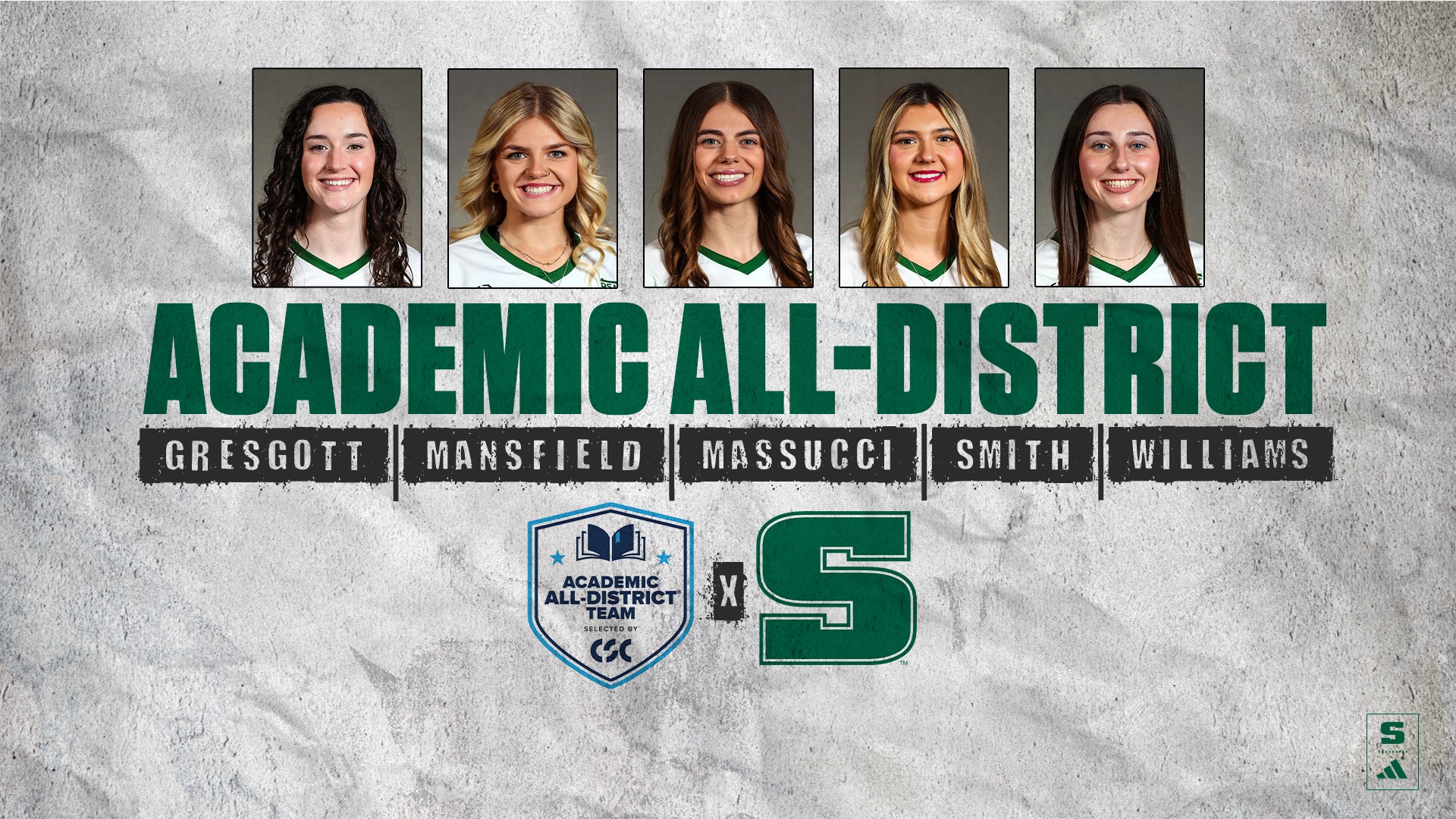 Graphic displaying SRU Softball 2026 CSC Academic All-District selections Paige Gresgott, Aubrey Mansfield, Alyssa Massucci, Grace Smith and Kayla Williams 