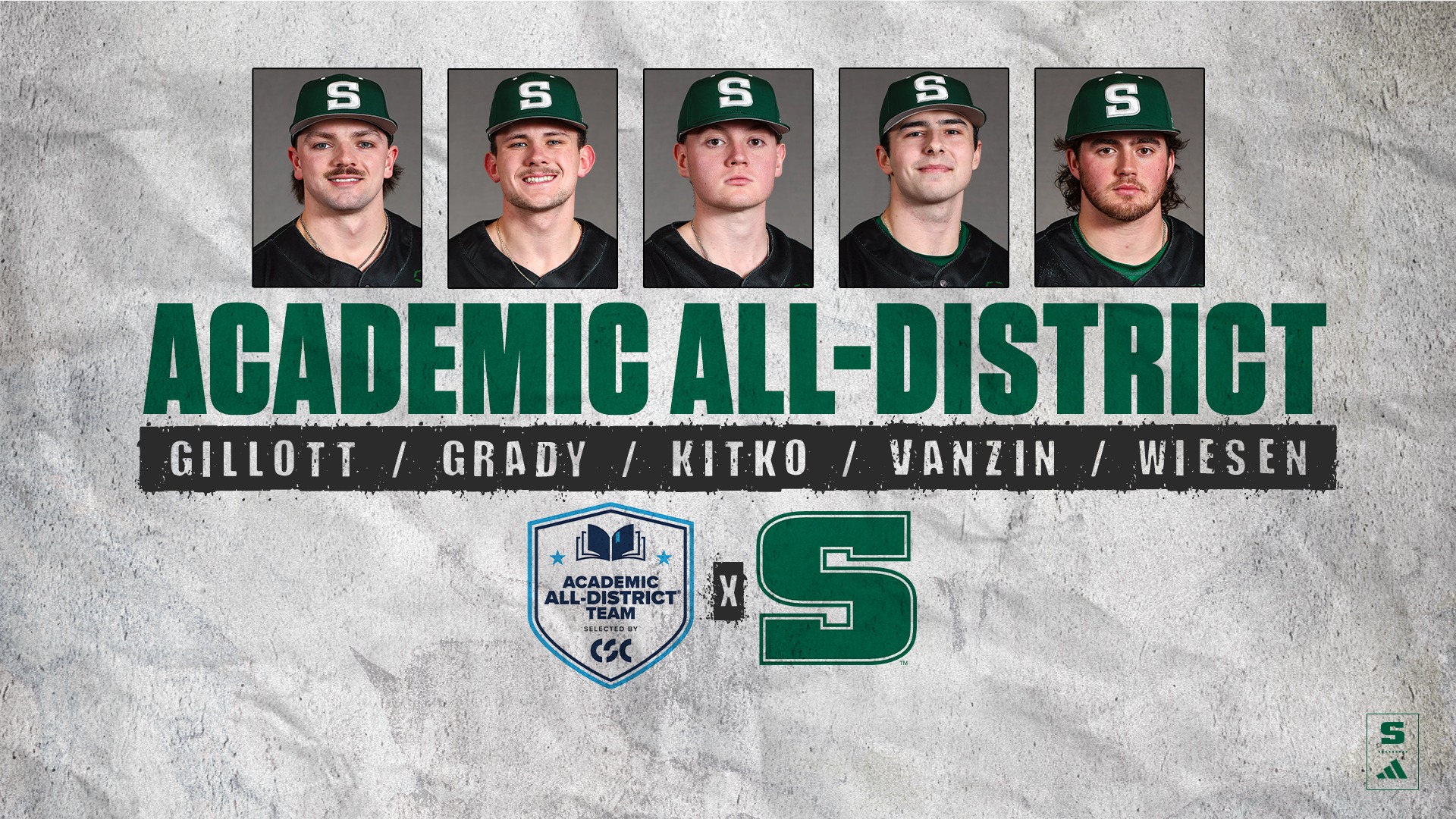 Graphic with photos of the members of the Slippery Rock baseball team that made the 2026 Baseball CSC Academic All-District