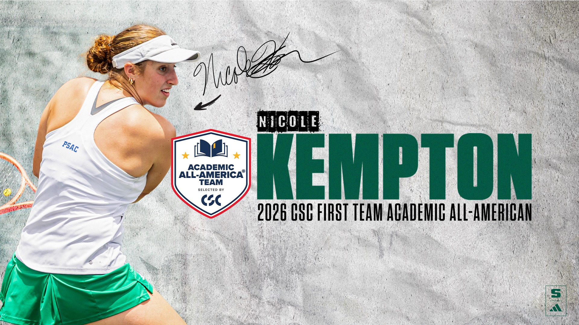 A graphic of Nicole Kempton, who was named to the 2026 Women's Tennis CSC Academic All-America Team.