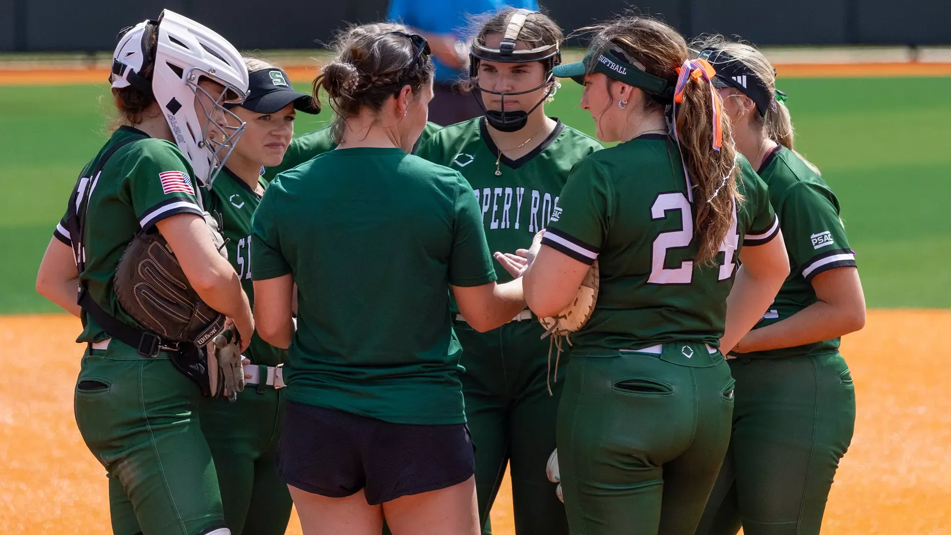 Slippery Rock softball team huddle vs. California on April 24, 2026