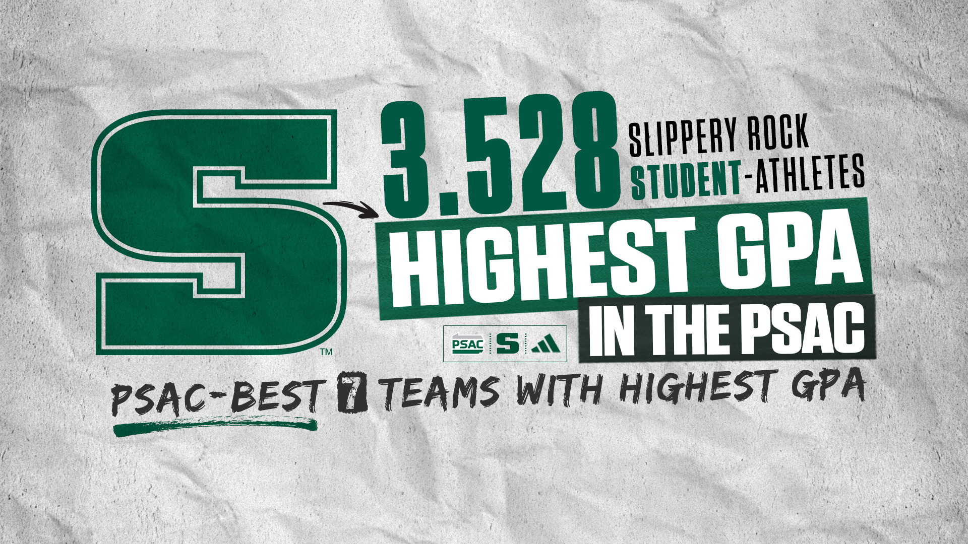 Graphic showcasing SRU student-athletes recorded a 3.528 average GPA in 2025-26 to rank No. 1 among all schools in the PSAC. 