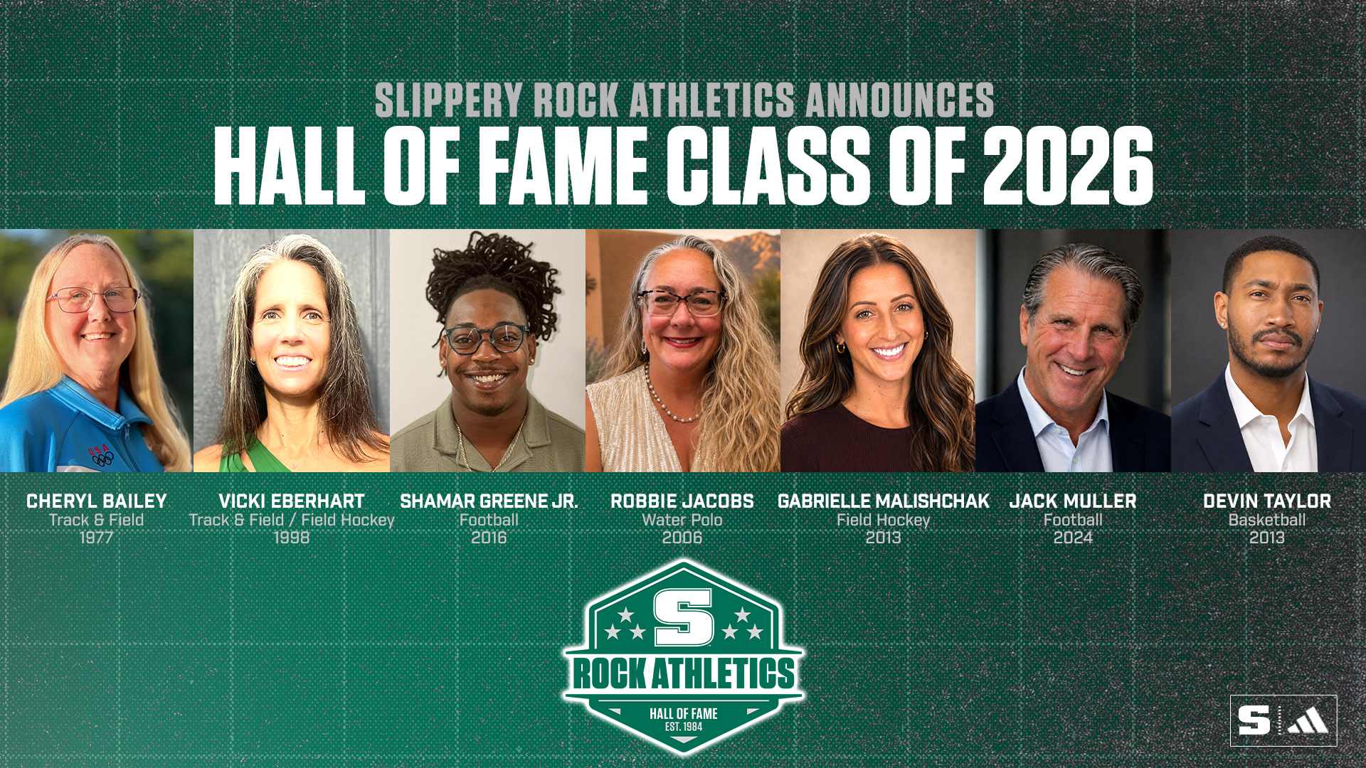 2026 Hall of Fame Announcement Graphic featuring the Hall of Fame class of Cheryl Bailey, Vicki Eberhart, Shamar Greene, Robbie Jacobs, Gabrielle Malishchak, Jack Muller and Devin Taylor.