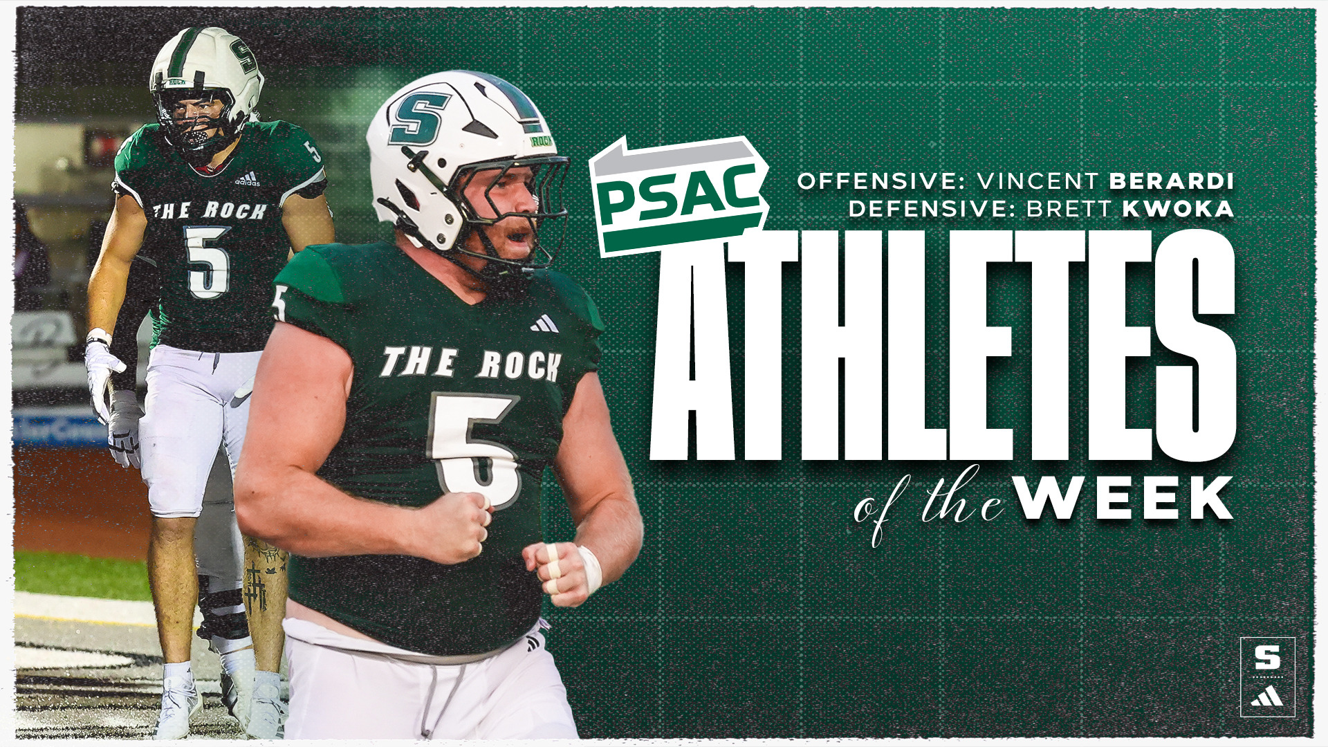 Graphic showing SRU football players Vincent Berardi and Brett Kwoka named PSAC Athletes of the Week