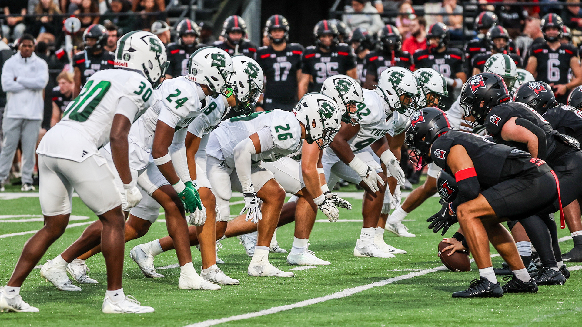 Slippery Rock's punt defense lines up on the line of scrimmage at East Stroudsburg