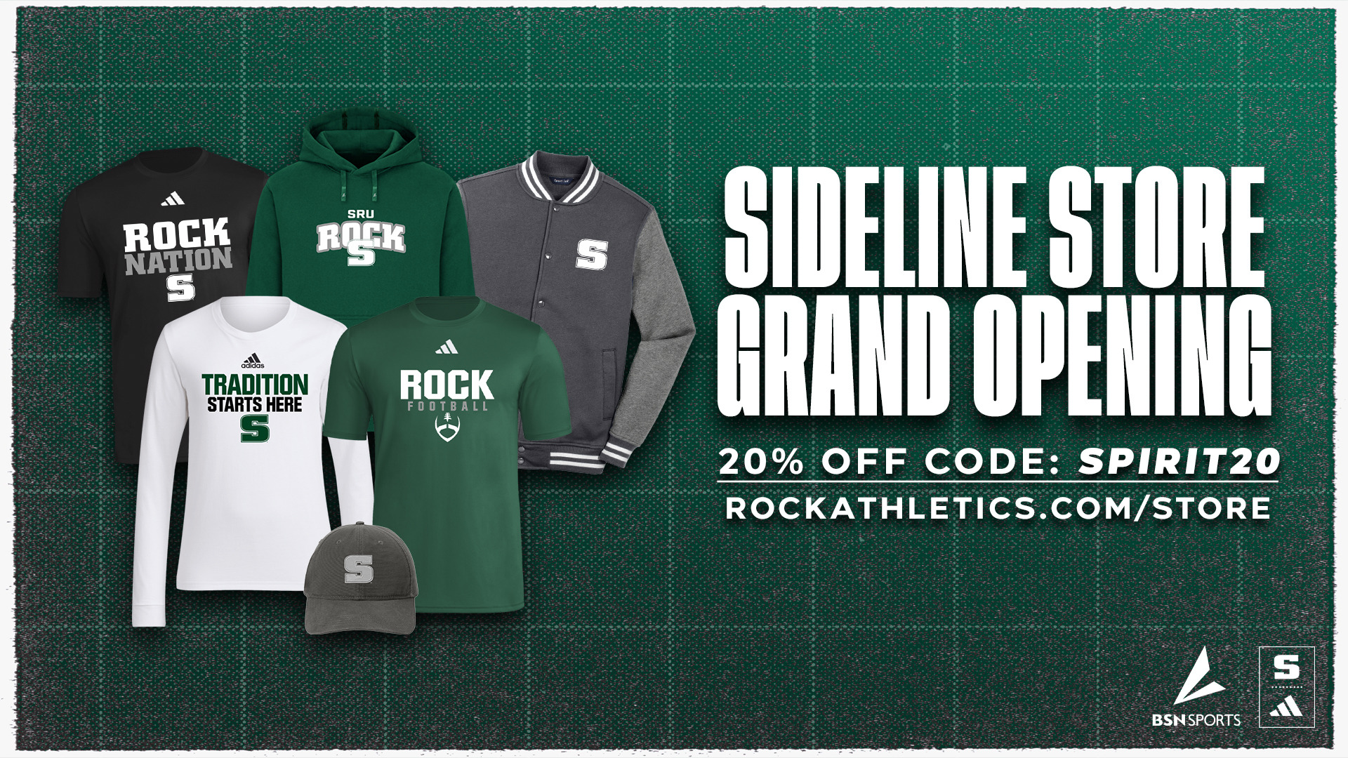 Graphic announcing the grand opening of the SRU Sideline Store at RockAthletics.com/store
