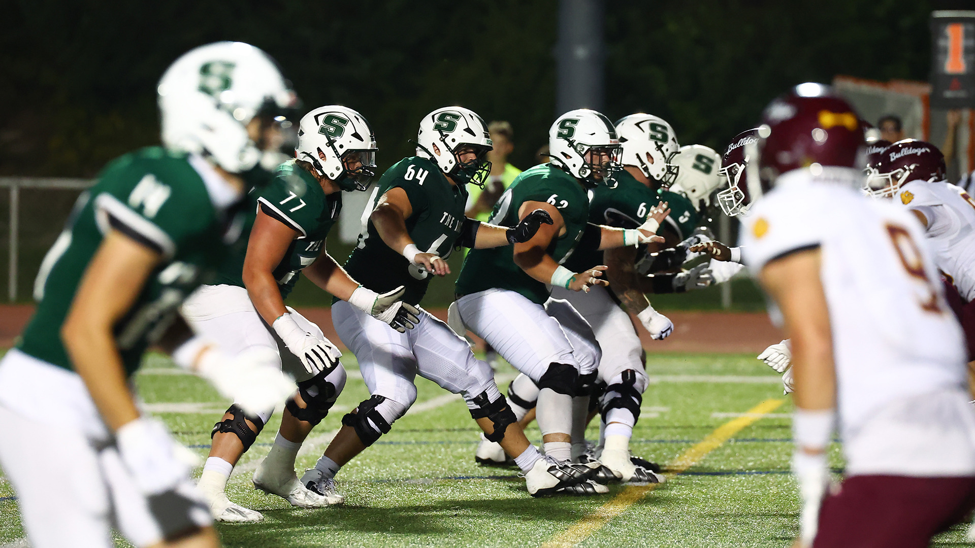 Slippery Rock's offensive line on the field against the University of Minnesota Duluth