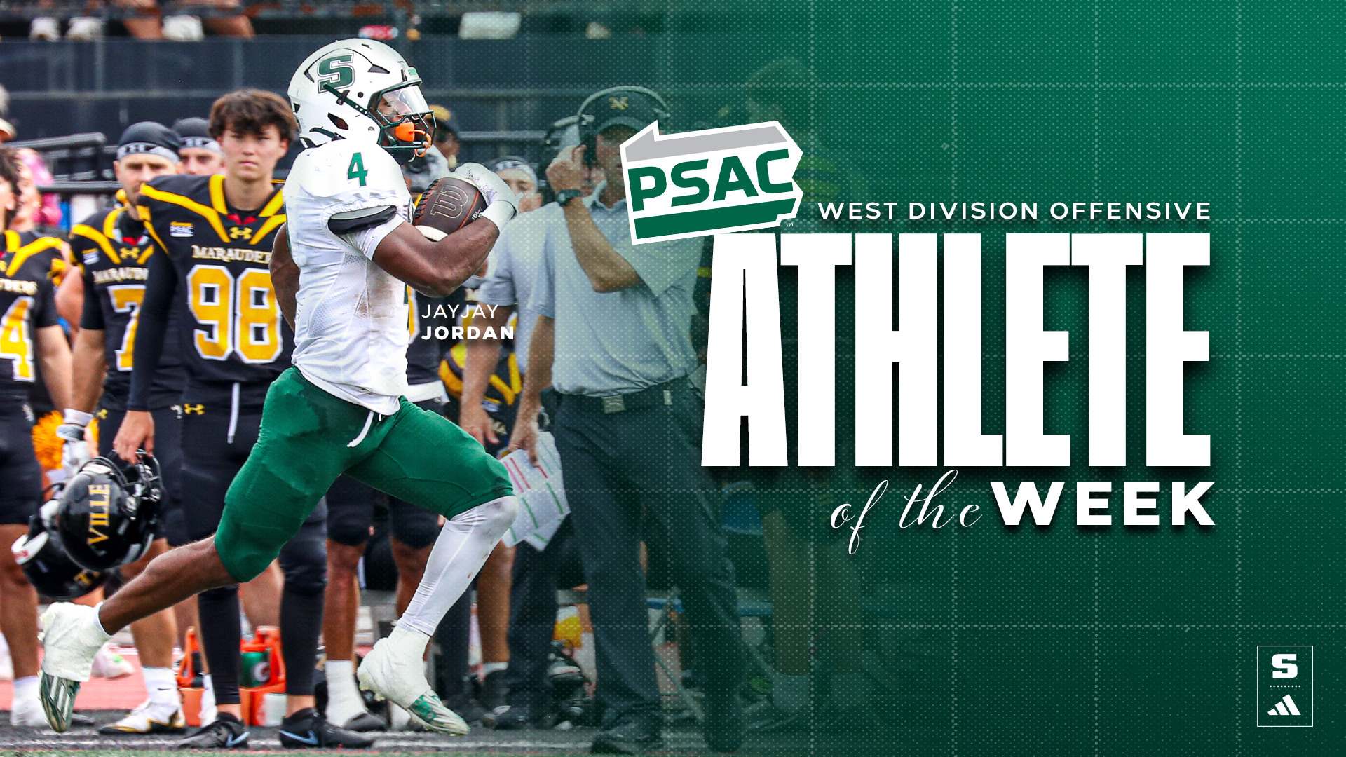 Graphic recognizing JayJay Jordan as the PSAC West Athlete of the Week after his performance at Millersville.