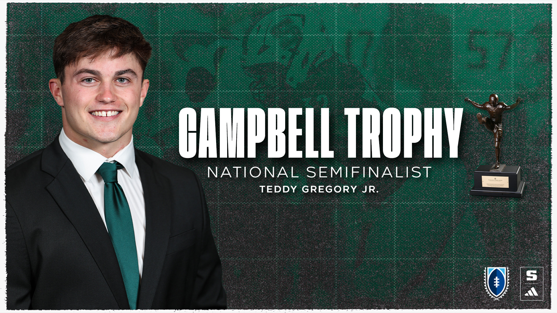 Graphic announcing SRU linebacker Teddy Gregory Jr. as a William Campbell Trophy National Semifinalist