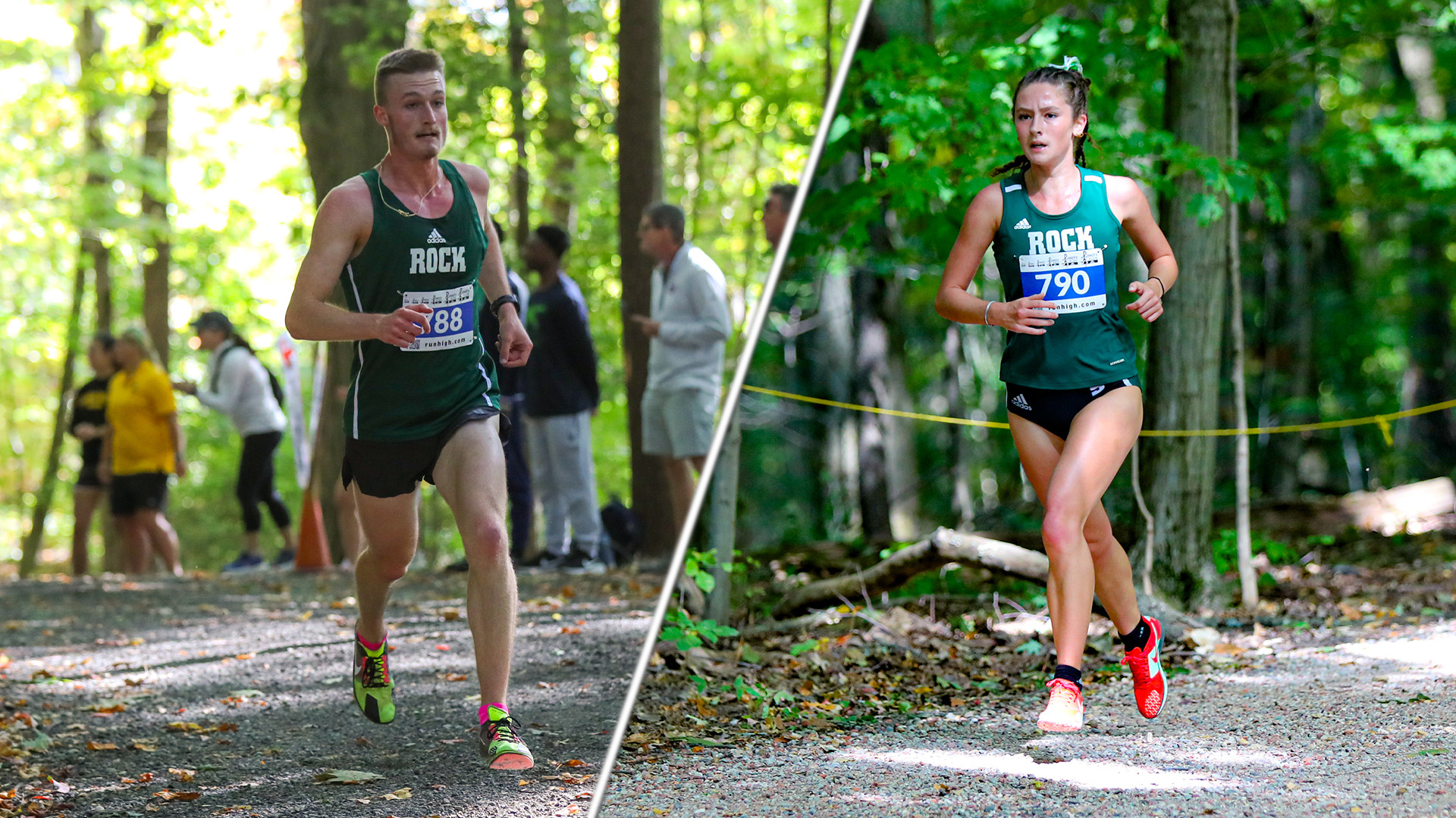 Eli Schreiber and Hannah Burgoon running in the woods at Allegheny College
