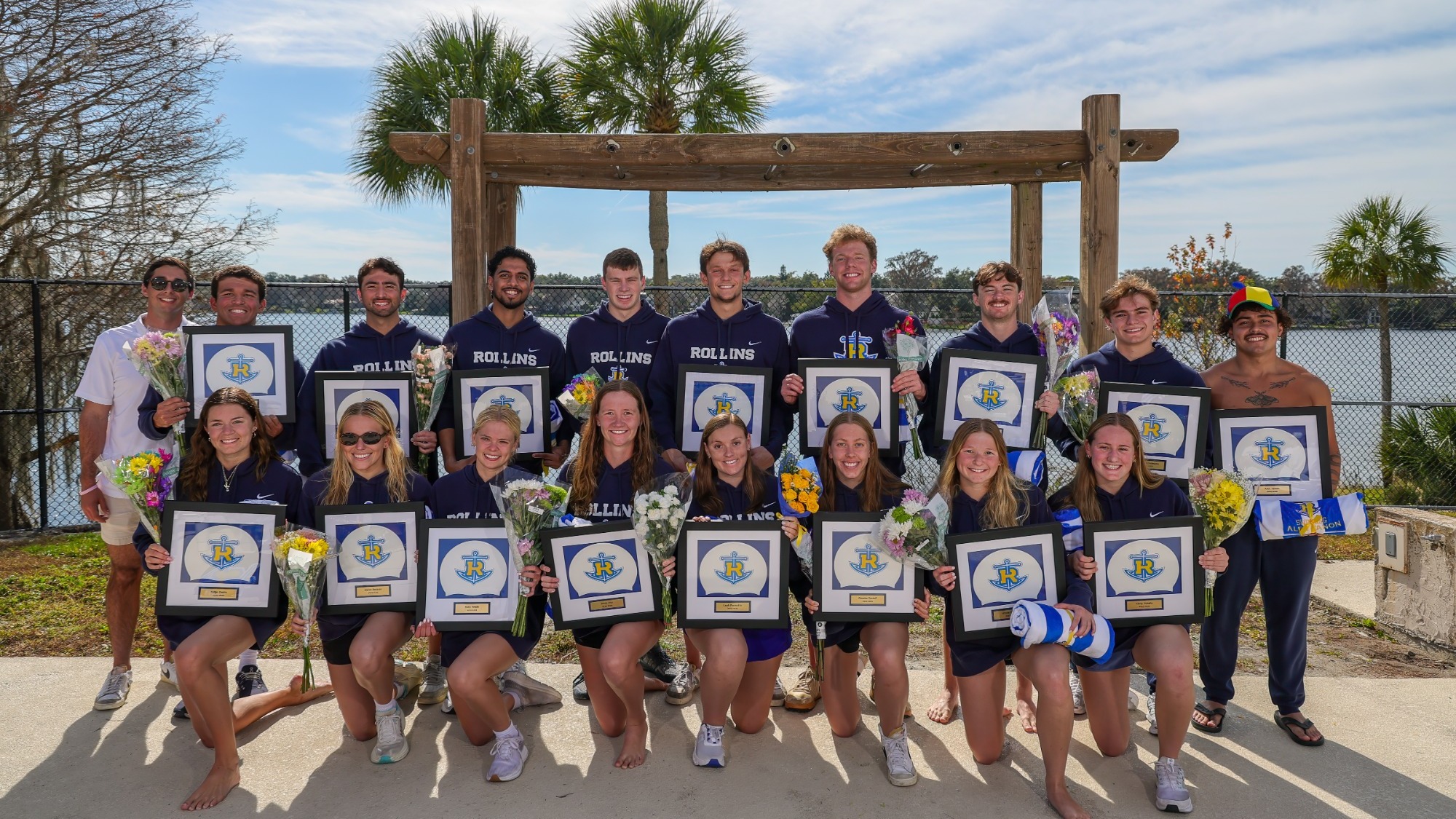 Jan 24, 2026; Winter Park, FL, USA; Rollins swim recognize seniors before a meet against New College of Florida at Rollins College Alfond Pool. Mandatory Credit: Mike Watters-Rollins College Sports