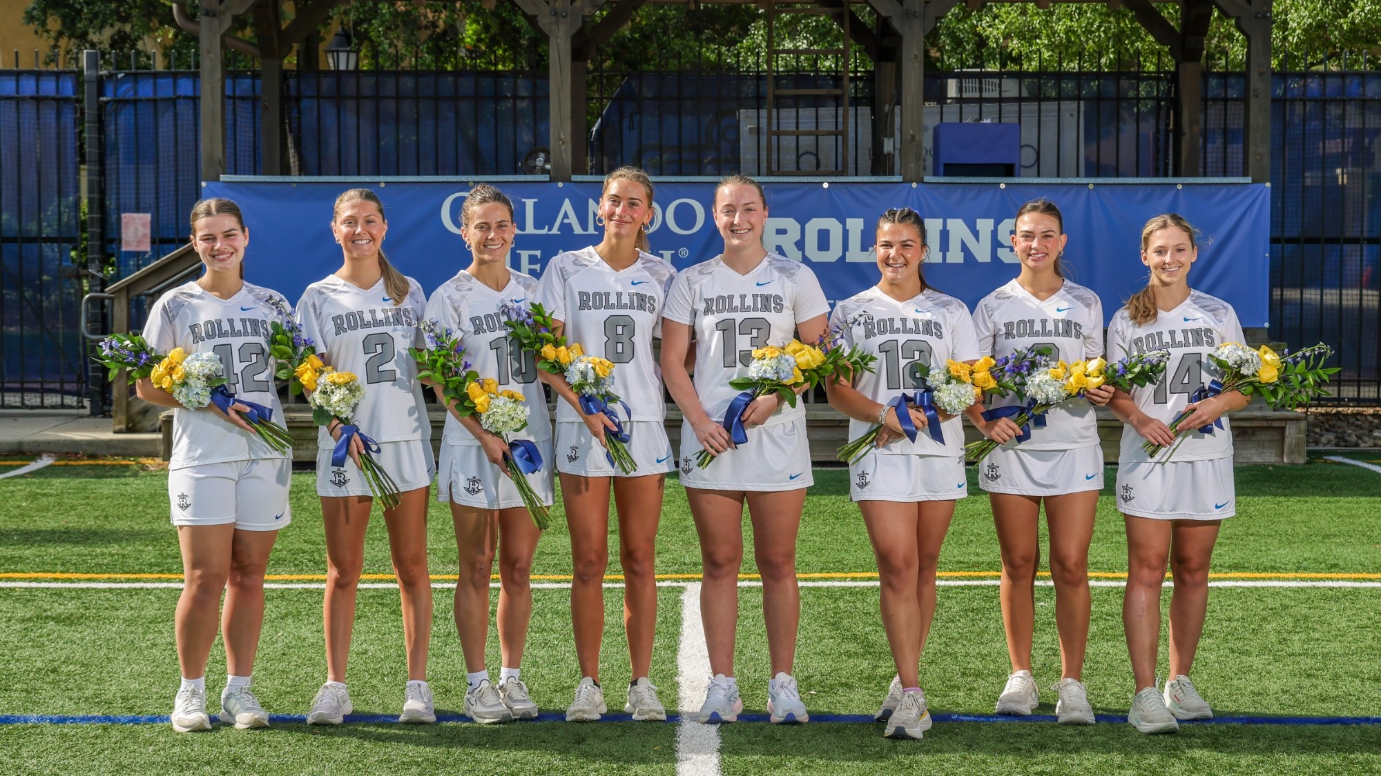 Apr 11, 2026; Winter Park, FL, USA; Rollins women's lacrosse recognize seniors at the Rollins Cahall-Sandspur Field. Mandatory Credit: Mike Watters-Rollins College Sports