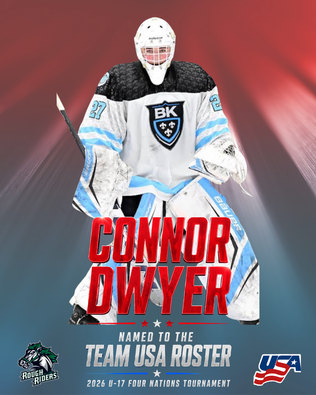 CEDAR RAPIDS, Iowa – The Cedar Rapids RoughRiders are proud to announce that goaltender Connor Dwyer has been named to the 2026 Team USA U-17 Four Nations Tournament Roster. 
