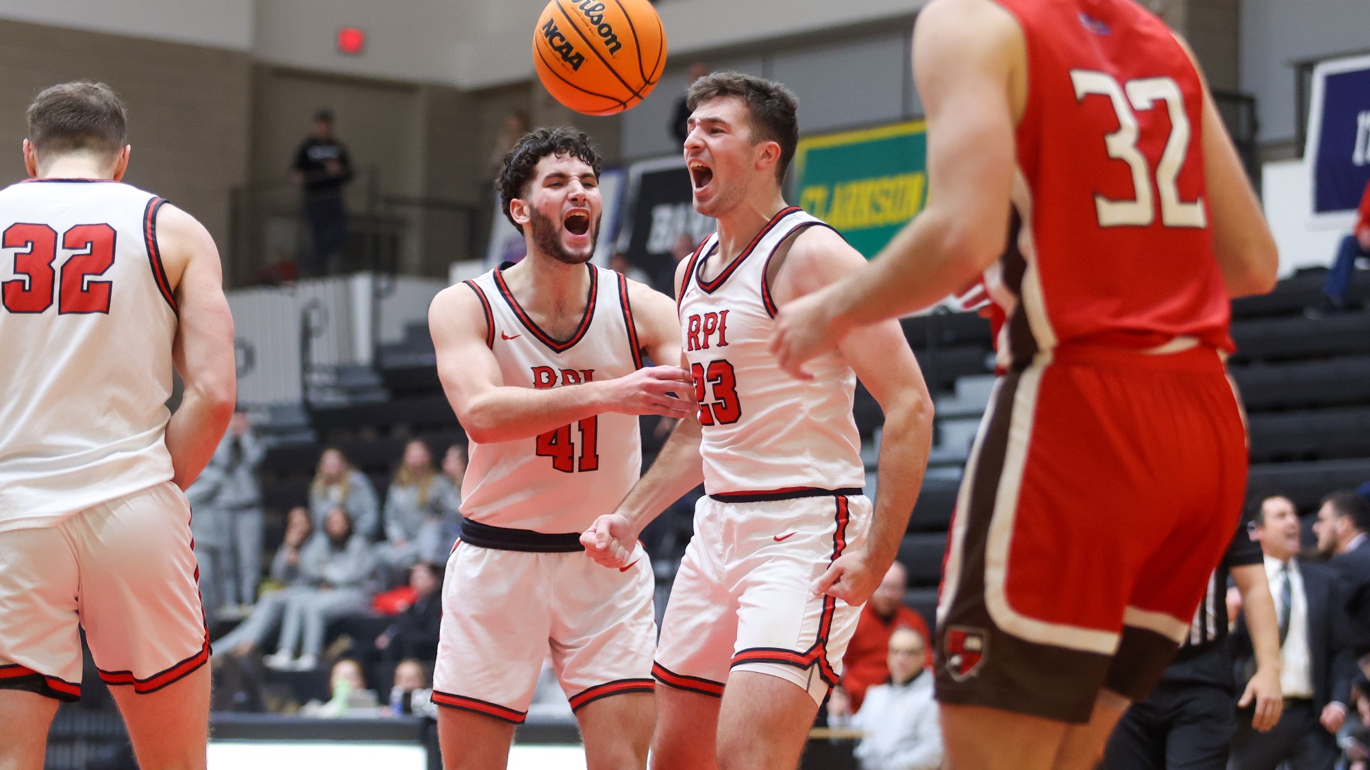 Andrew Deppe and PJ Scalisi of RPI Men’s Basketball in action versus St. Lawrence on Saturday, December 6, 2025 in Troy, New York. 