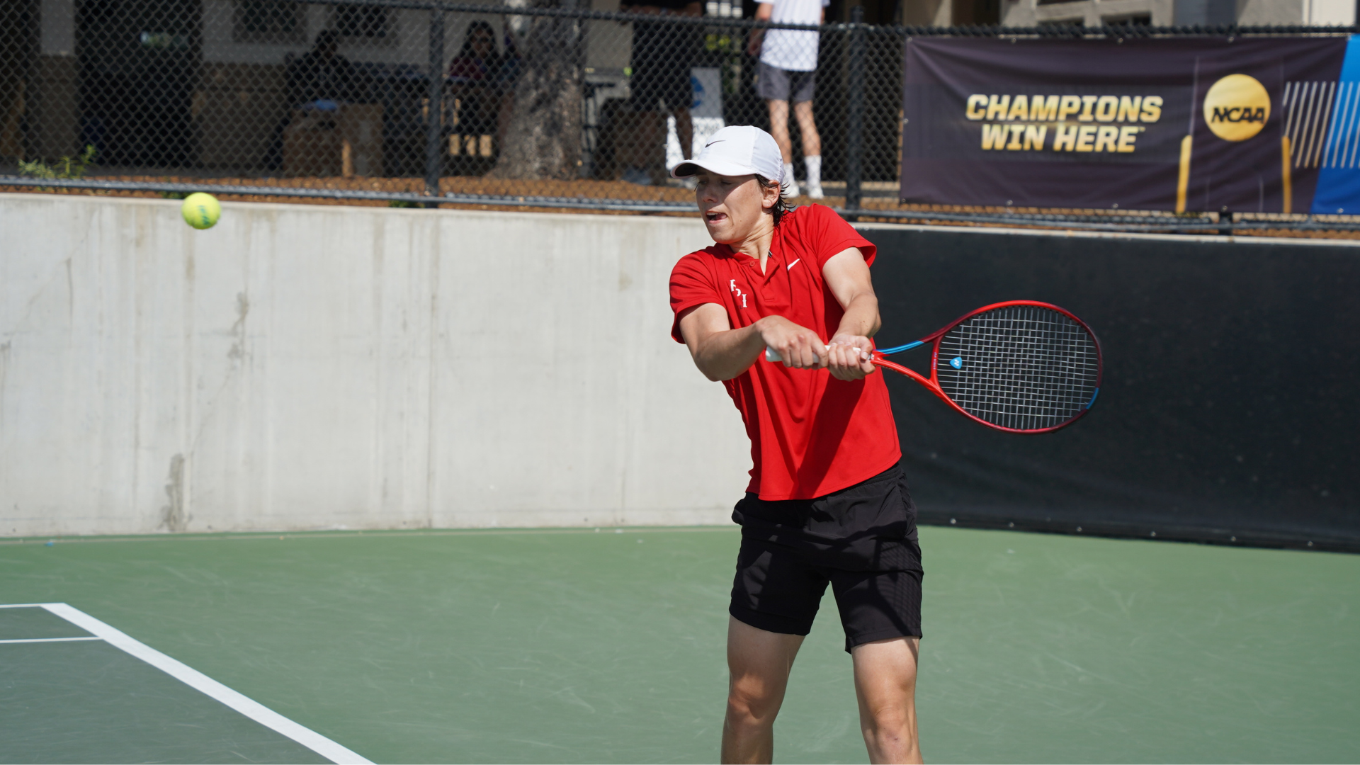 Aiden Drover-Mattinin of The RPI men's tennis team in the NCAA singles tournament on May 23, 2025 in Claremont, California