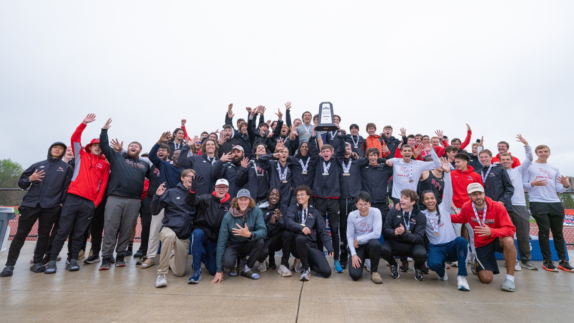The RPI men’s track & field team at the 2025 Liberty League Championships in Rochester, NY
