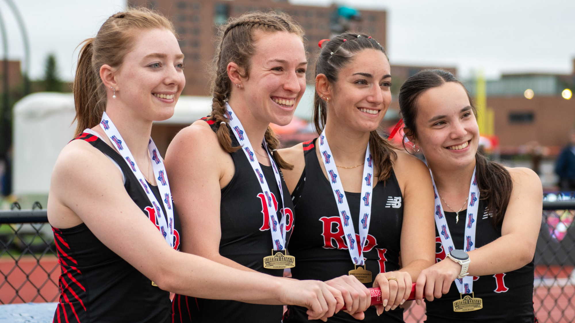 The RPI women’s track & field team at the 2025 Liberty League Championships in Rochester, NY