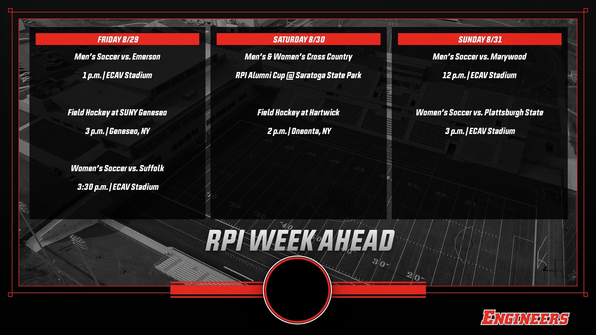 Graphic previewing all RPI athletic events between August 25 and August 31, 2025