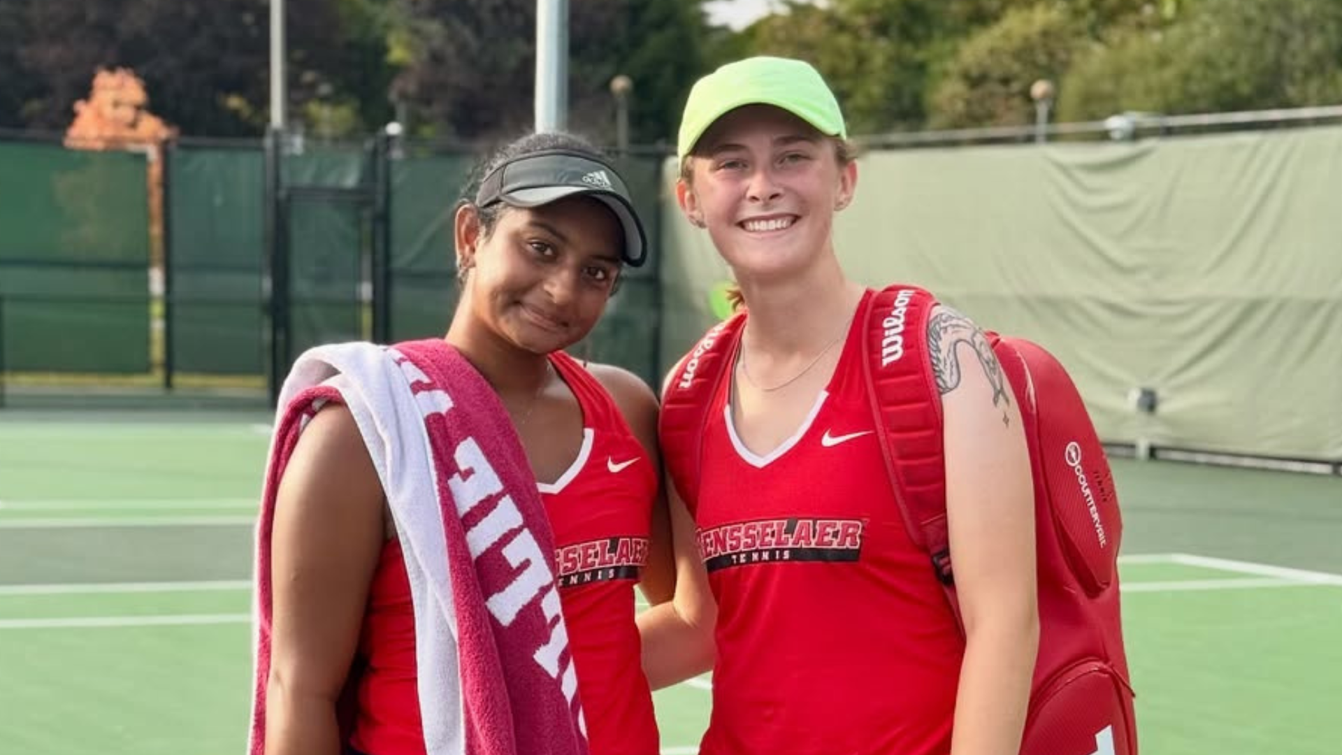 Anushka Jaiswal and Nicole Ridenour after winning the 2025 ITA Northeast Regional doubles championship on Sunday, September 28, 2025 in Saratoga Springs, New York