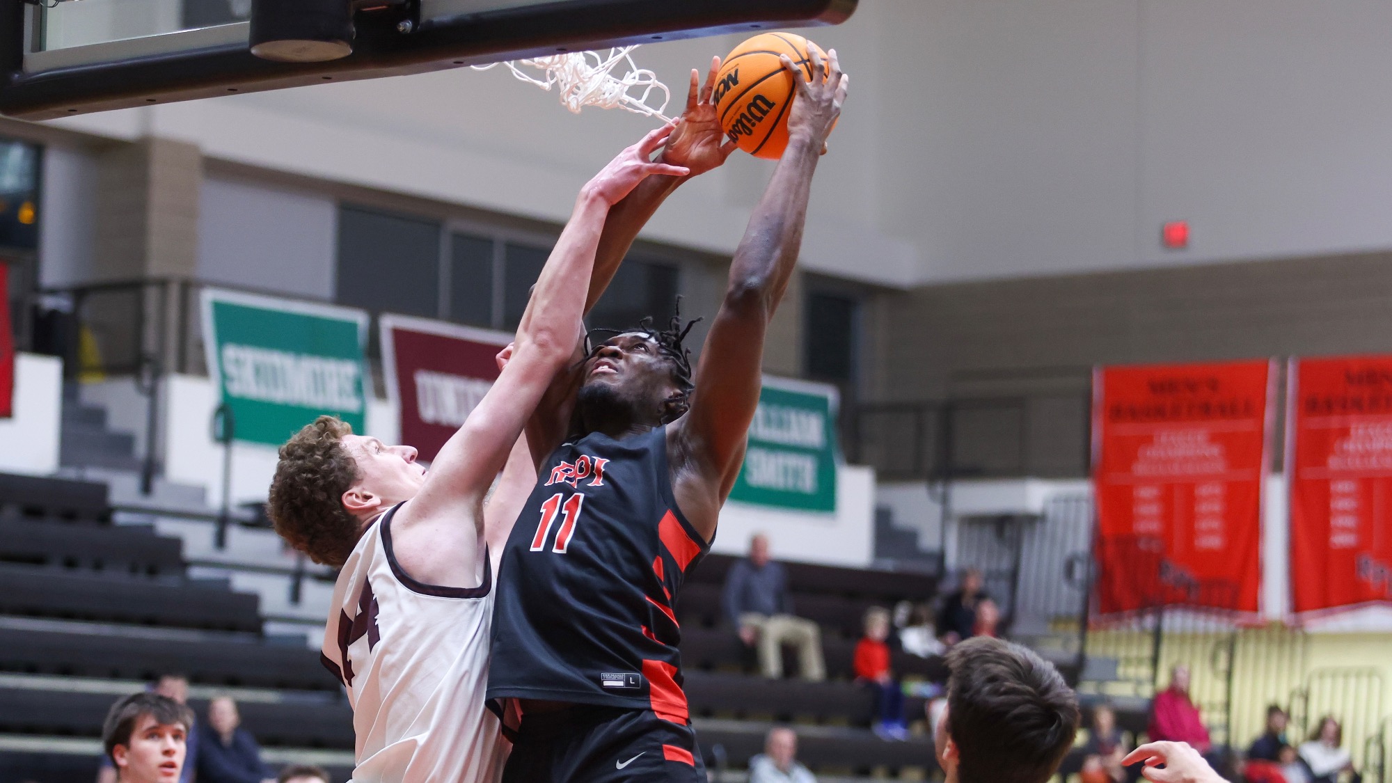 Nate Tawiah-Boateng of RPI Men's Basketball in action versus Union on Friday, January 9, 2025 in Troy, New York.