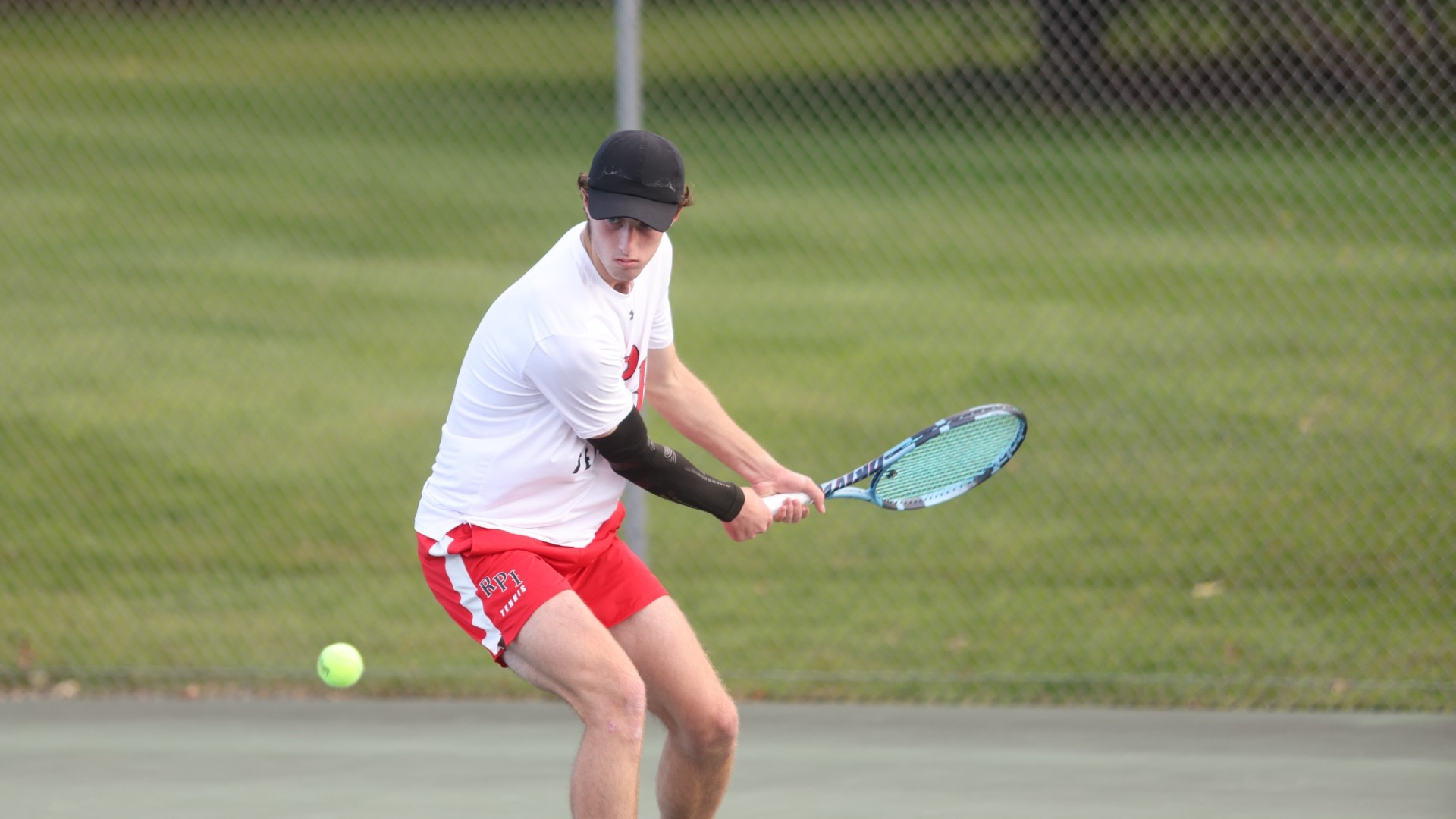 Cade Collingwood of RPI Men's Tennis in action versus Bard on Wednesday, October 7, 2026 in Troy, New York. 