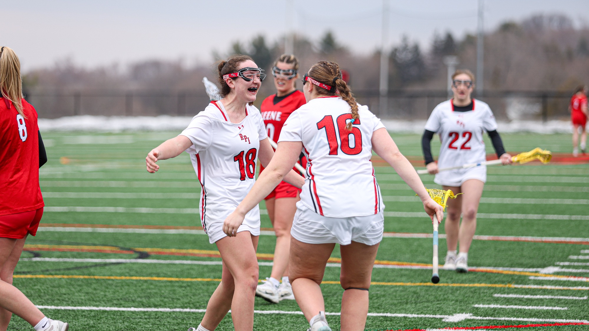 Abigail Cousins and Audrey Silverman of the RPI Women's Lacrosse team in action versus Keene State on Saturday, February 28, 2026 in Troy, New York.