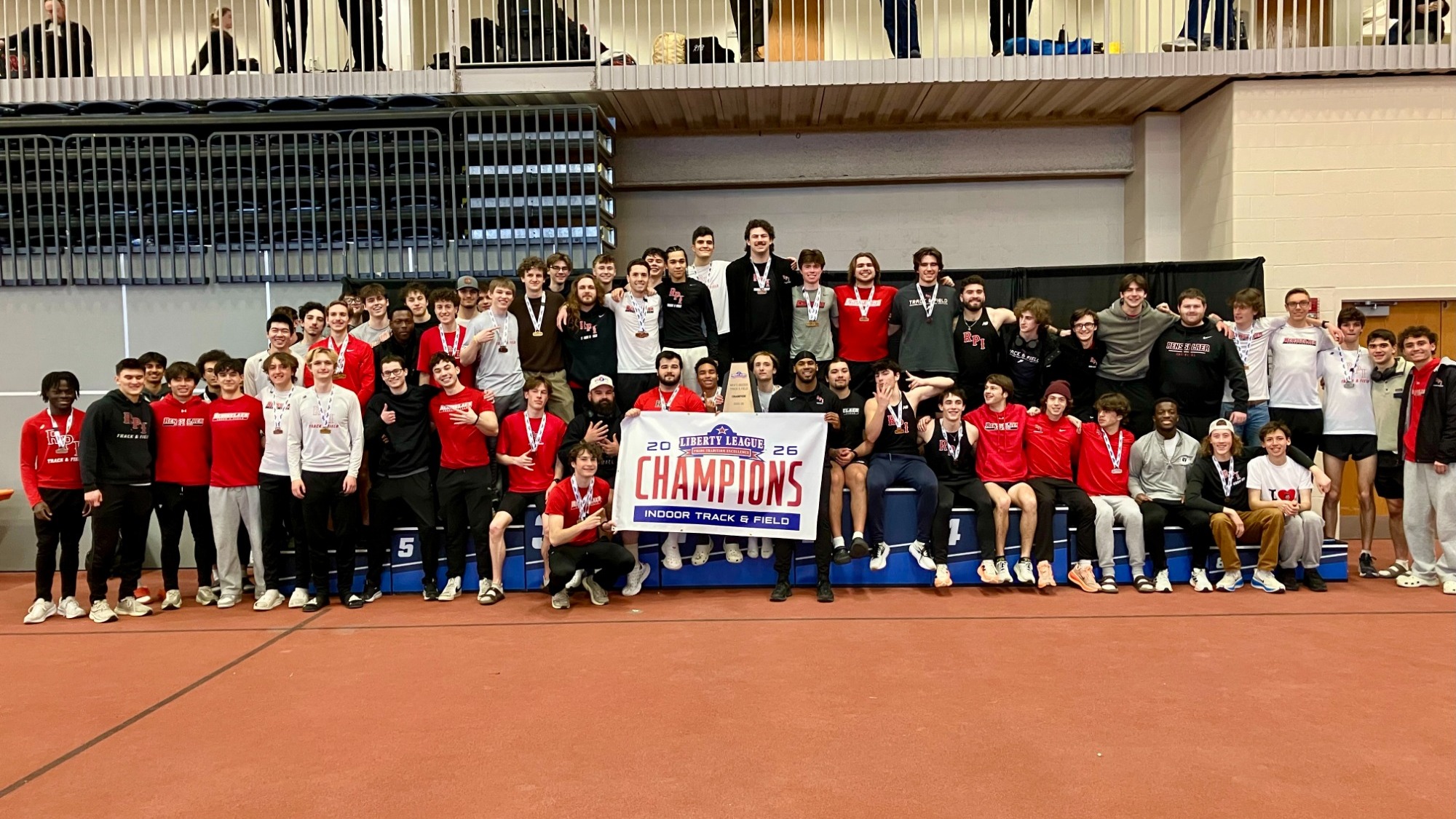 The RPI Men's Indoor Track & Field Team Celebrating its third consecutive Liberty League Championship on Saturday, February 28, 2026 in Rochester, New York