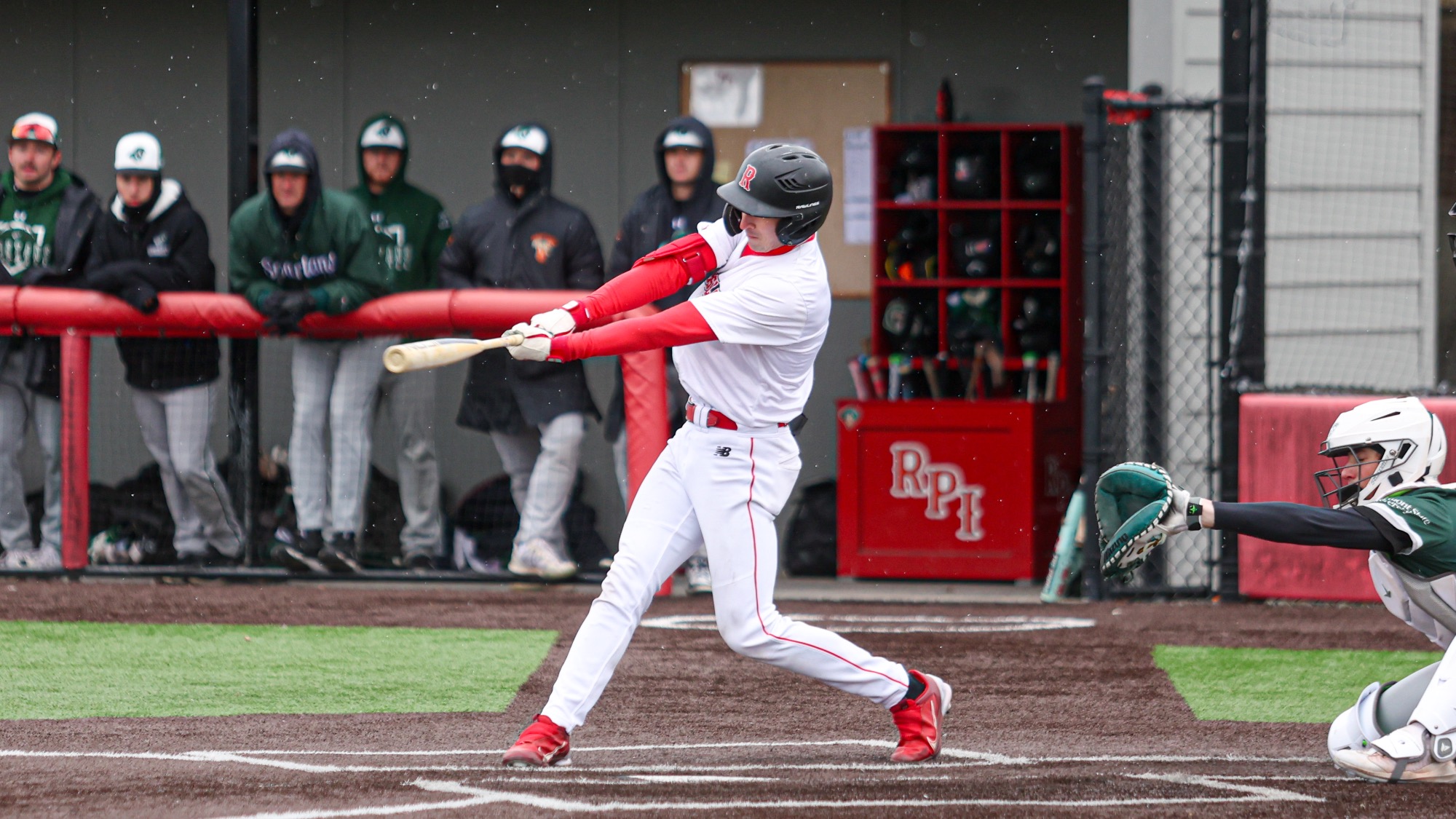 Walker Abdallah of RPI Baseball in action versus VTSU Castleton on Saturday, March 14, 2025 in Troy, New York.  