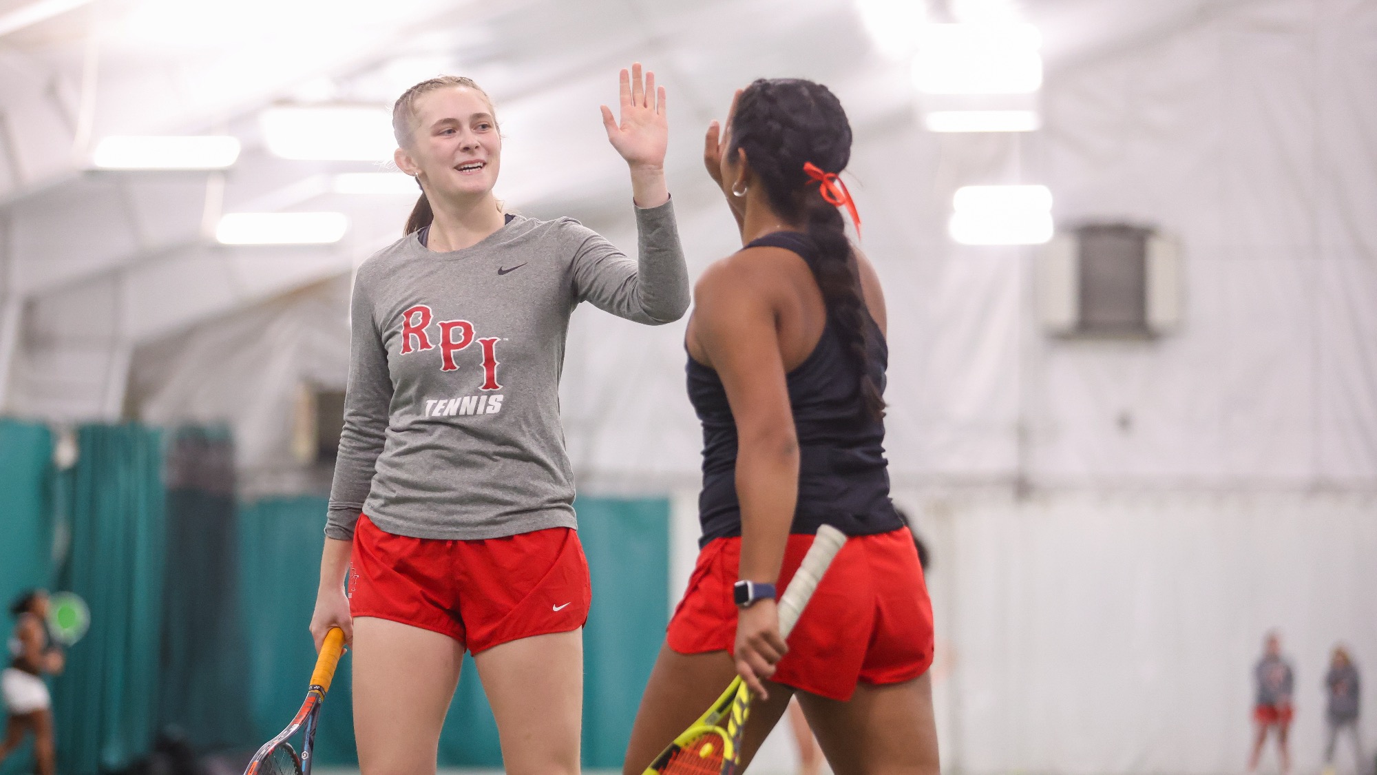 Nicole Ridenour and Anushka Jaiswal of RPI Women’s Tennis in action versus Saint Lawrence on Saturday March 14 2026 in Latham New York.