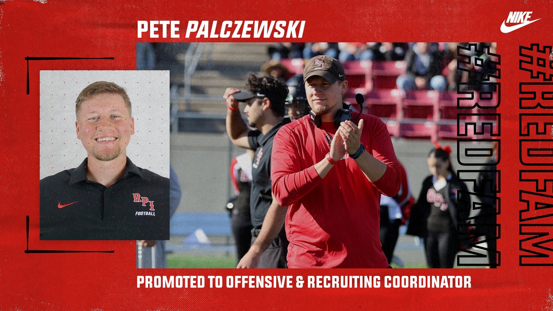 Graphic announcing the promotion of Pete Palczewski to offensive coordinator of RPI football