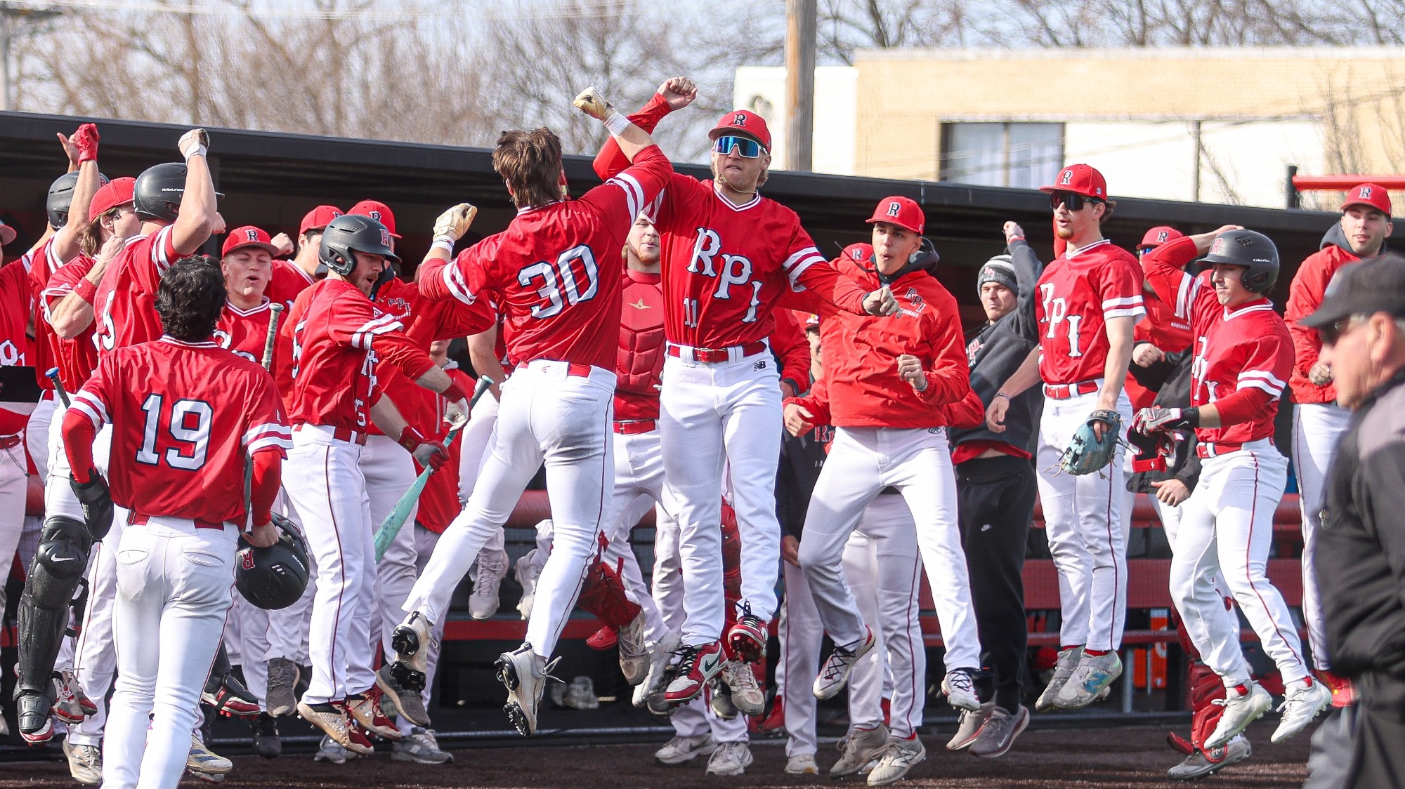  Michael Lebenson and RPI Baseball team in celebration against MCLA on Wednesday, March 25, 2026 in Troy, New York. 